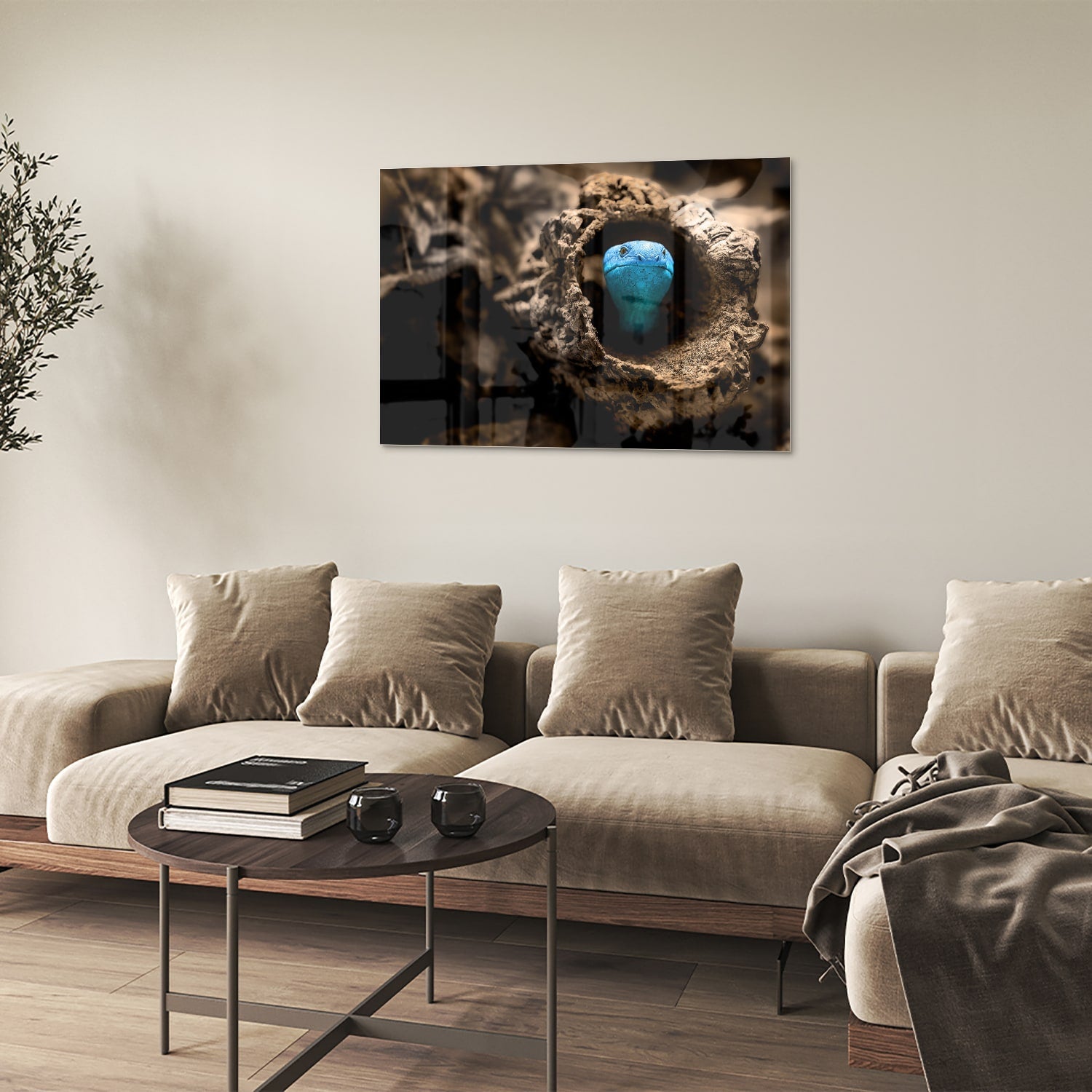 Glasbild mit einer blauen Perle in einem Nest – Glasbild aus Sicherheitsglas, Größe 50x50