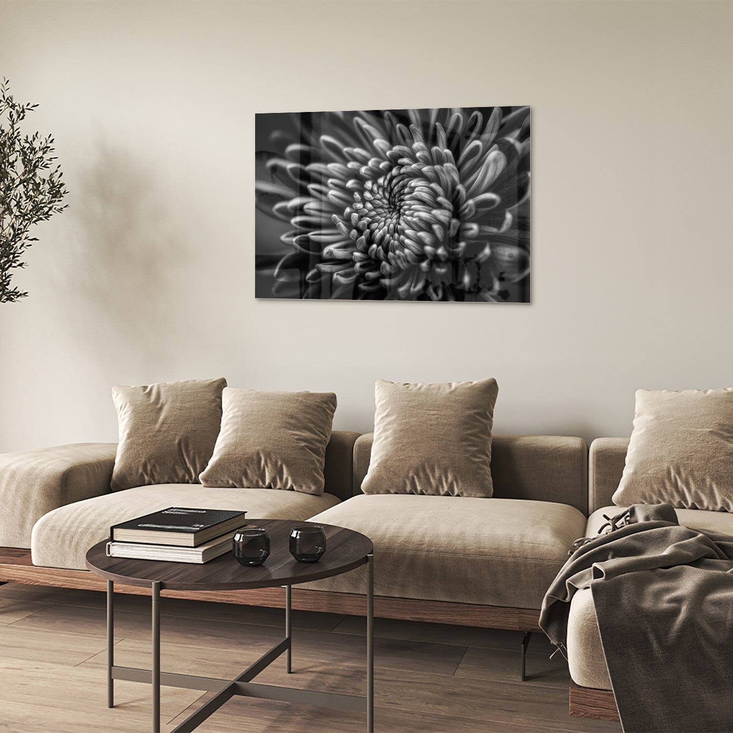 Schwarz-Weiß-Glasbild mit geschwungener Blume – Glasbild aus Sicherheitsglas, Größe 50x50