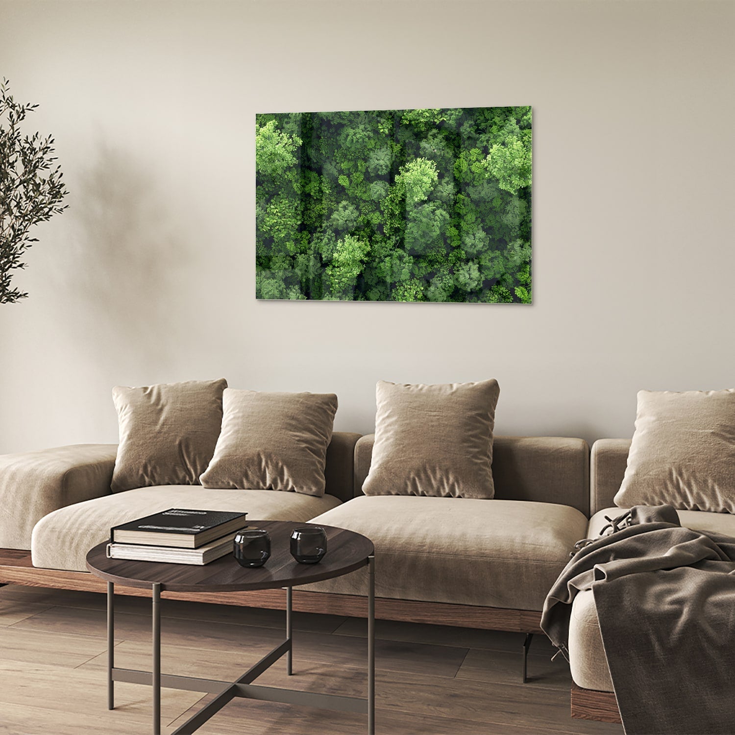 Glasbild mit Himmelsmotiv und üppigem grünen Wald – Glasbild aus Sicherheitsglas, Größe 50x50