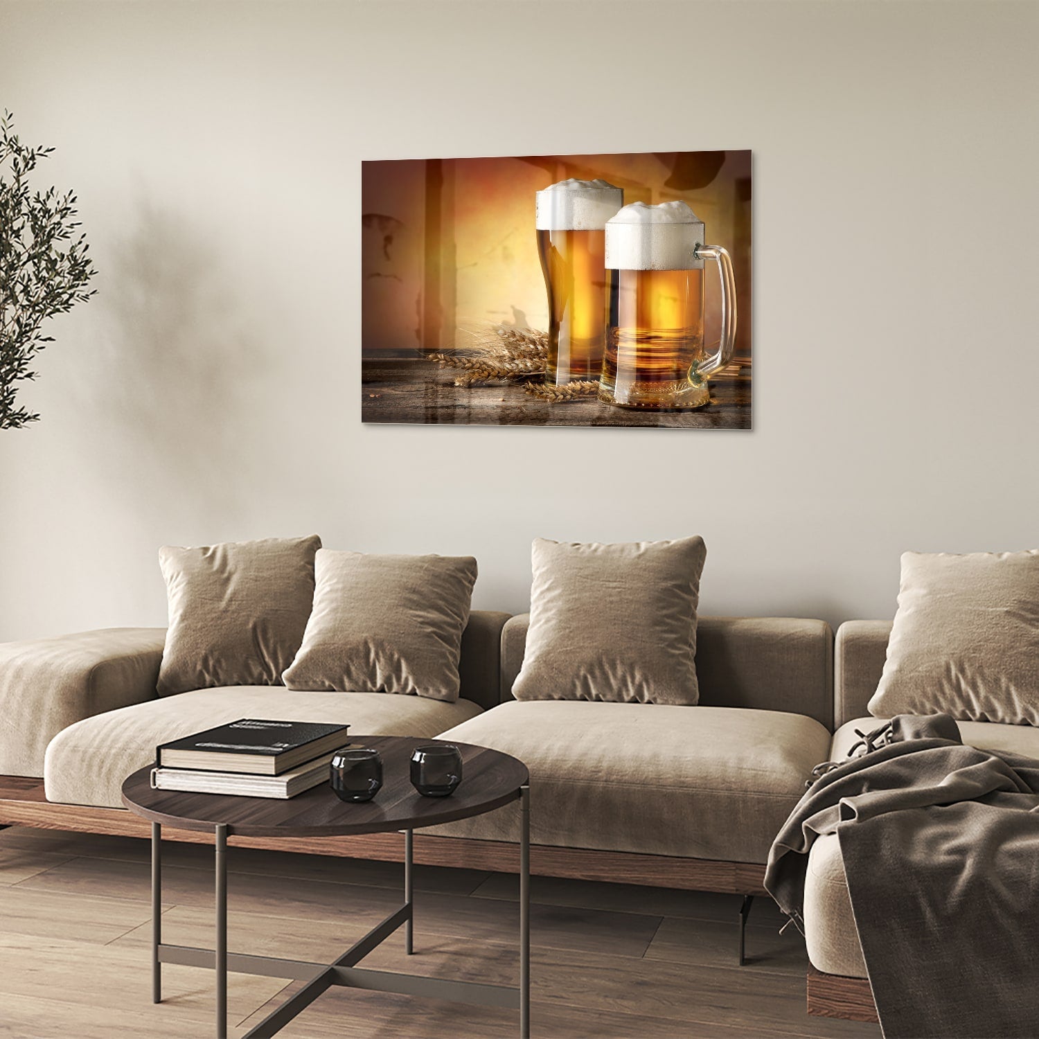 Stilvolles Glasbild mit Bier und Gerste – Glasbild aus Sicherheitsglas, Größe 50x50