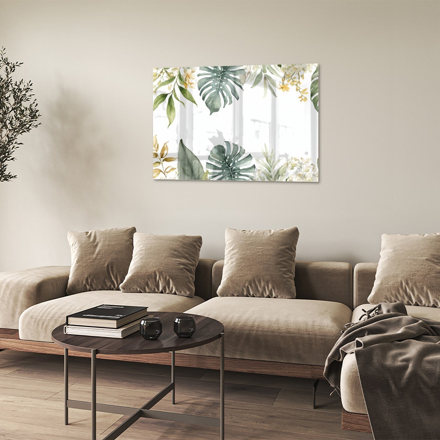 Glasbild mit tropischen Blättern und botanischer Flora – Glasbild aus Sicherheitsglas, Größe 50x50