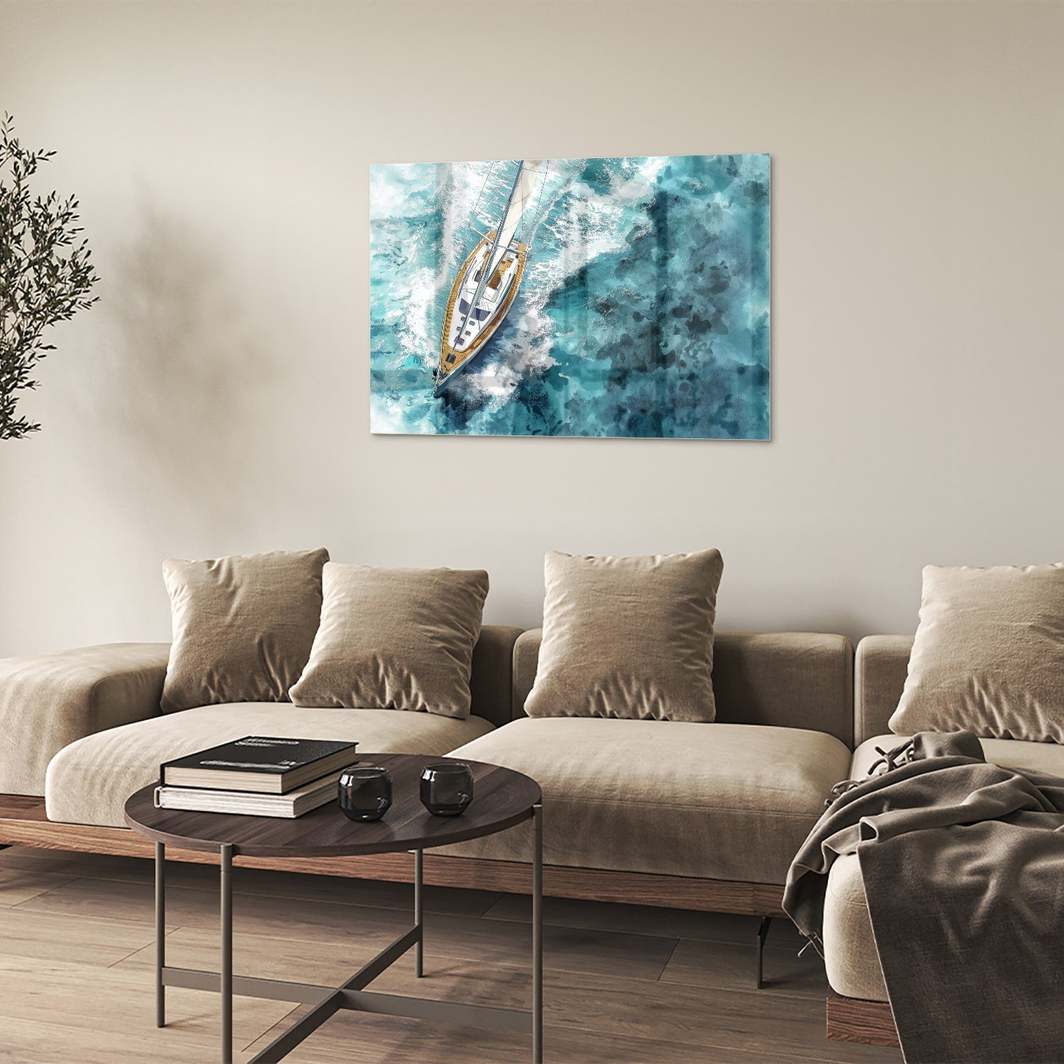 Wunderschönes Glasbild mit einer Yacht auf dem See – Glasbild aus Sicherheitsglas, Größe 50x50