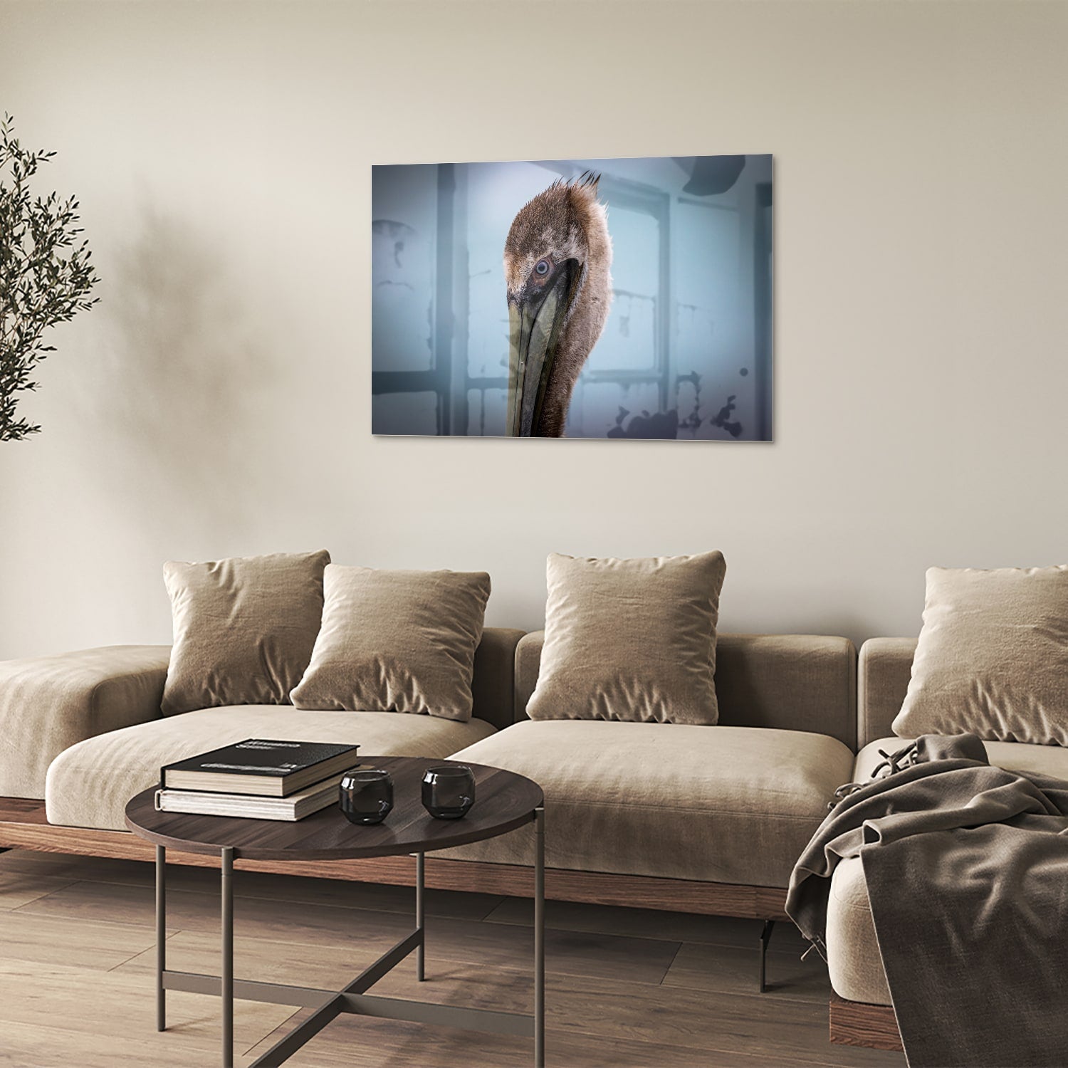 Stilvolles Glasbild mit Pelikan-Porträt – Glasbild aus Sicherheitsglas, Größe 50x50