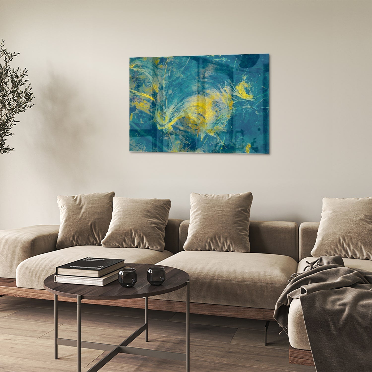 Farbenfrohes Glasbild mit abstraktem blau-gelbem Muster – Glasbild aus Sicherheitsglas, Größe 50x50