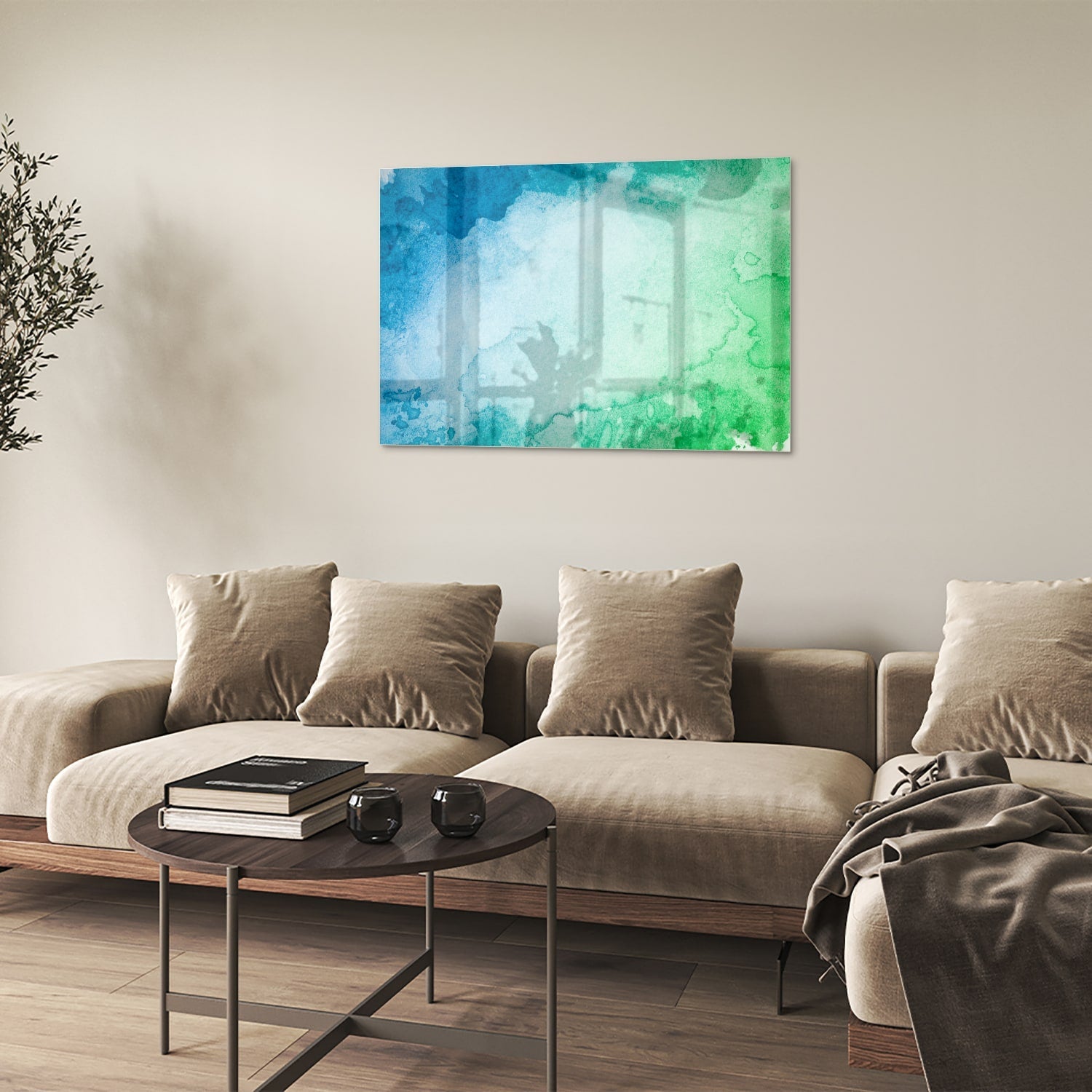 Abstraktes Glasbild in Blau und Grün – Glasbild aus Sicherheitsglas, Größe 50x50