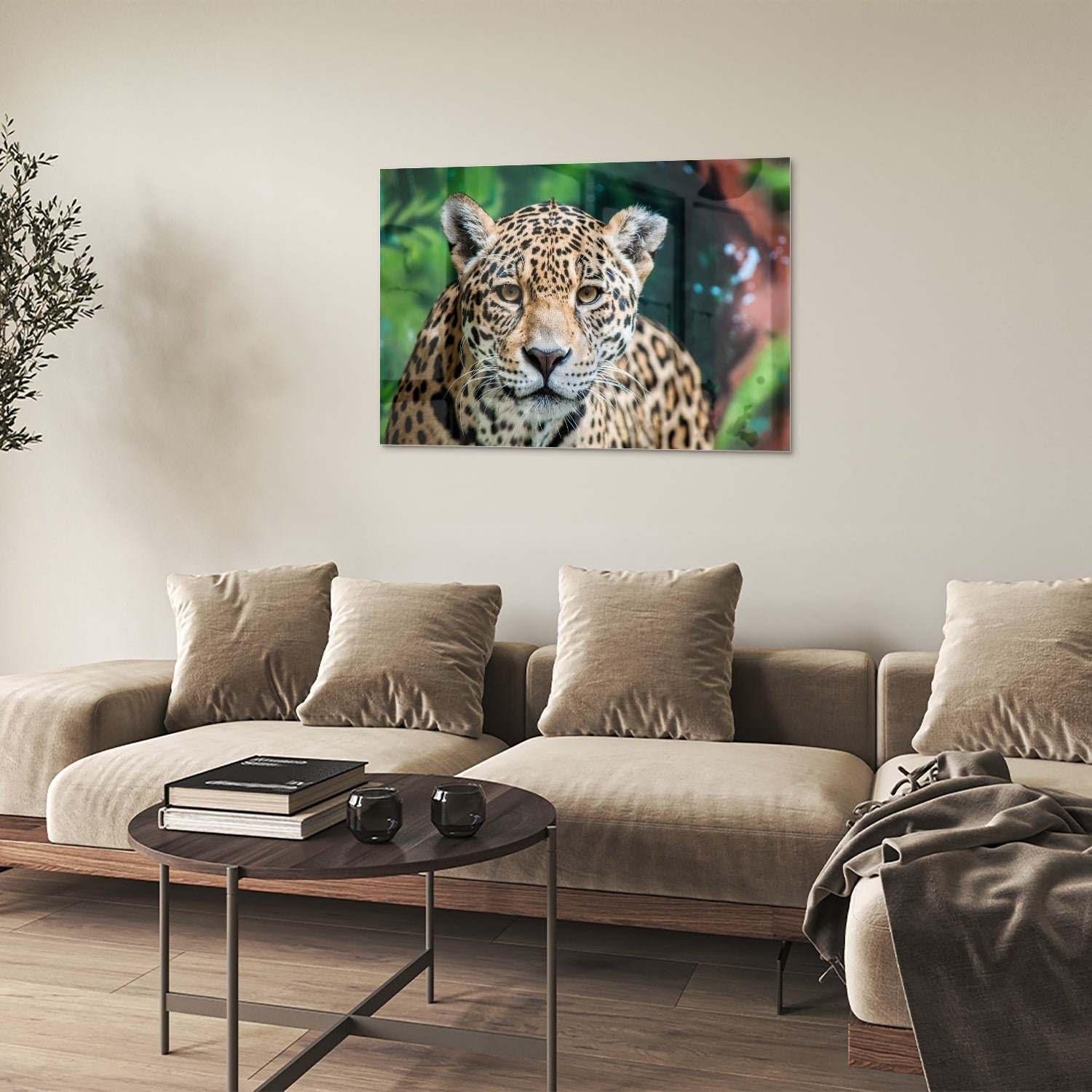 Beeindruckendes Glasbild mit einem Jaguar – Glasbild aus Sicherheitsglas, Größe 50x50