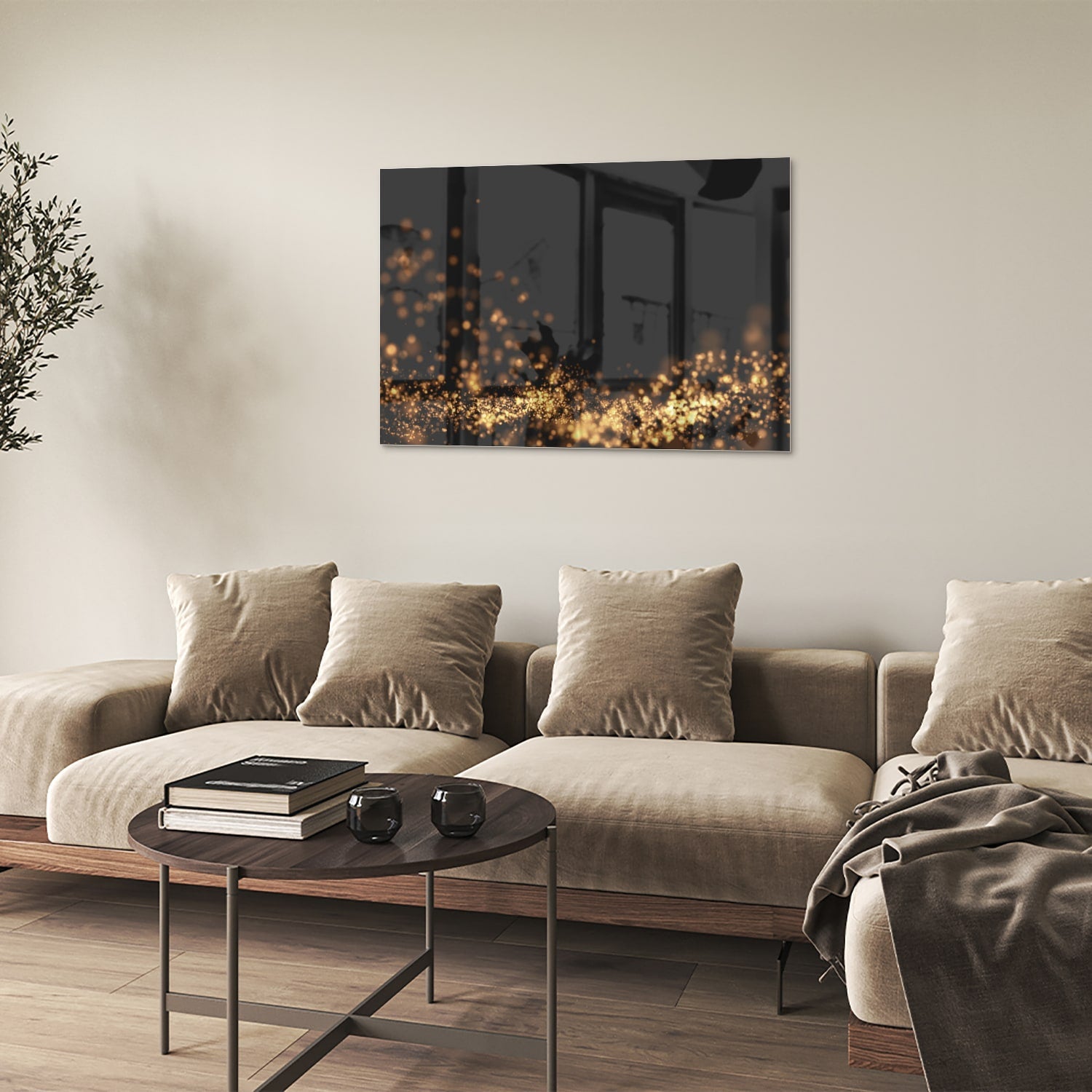 Glasbild mit goldenen Lichtpunkten auf schwarzem Hintergrund – Glasbild aus Sicherheitsglas, Größe 50x50