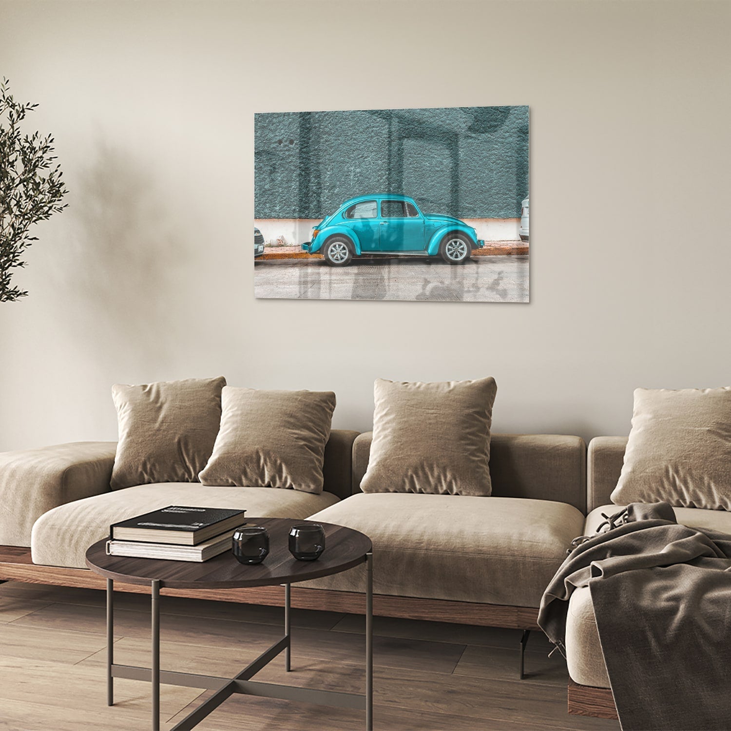 Stilvolles Glasbild mit einem türkisen Auto – Glasbild aus Sicherheitsglas, Größe 50x50