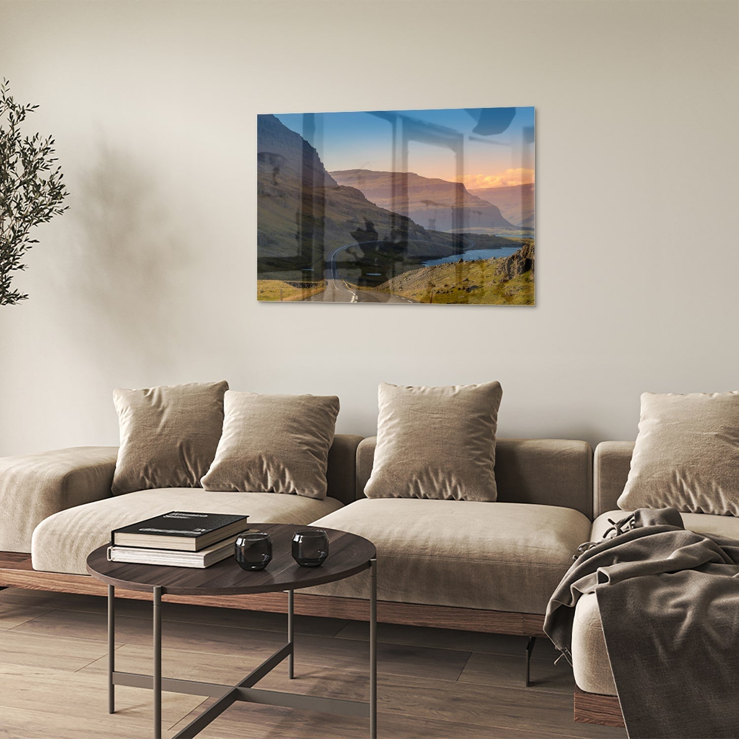 Atemberaubendes Glasbild mit Bergen und Fluss – Glasbild aus Sicherheitsglas, Größe 50x50