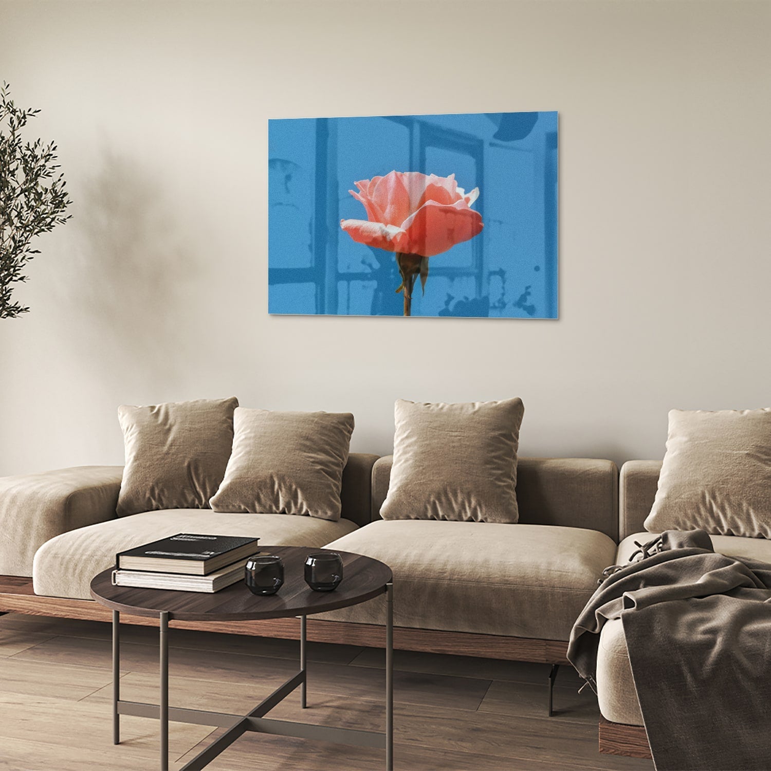 Glasbild rosa Rose auf blauem Hintergrund – Glasbild aus Sicherheitsglas, Größe 50x50