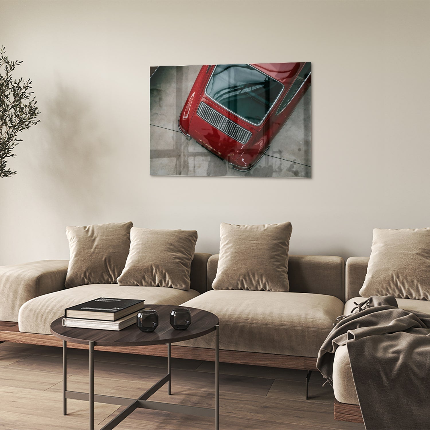Stilvolles Glasbild mit einem roten Auto – Glasbild aus Sicherheitsglas, Größe 50x50