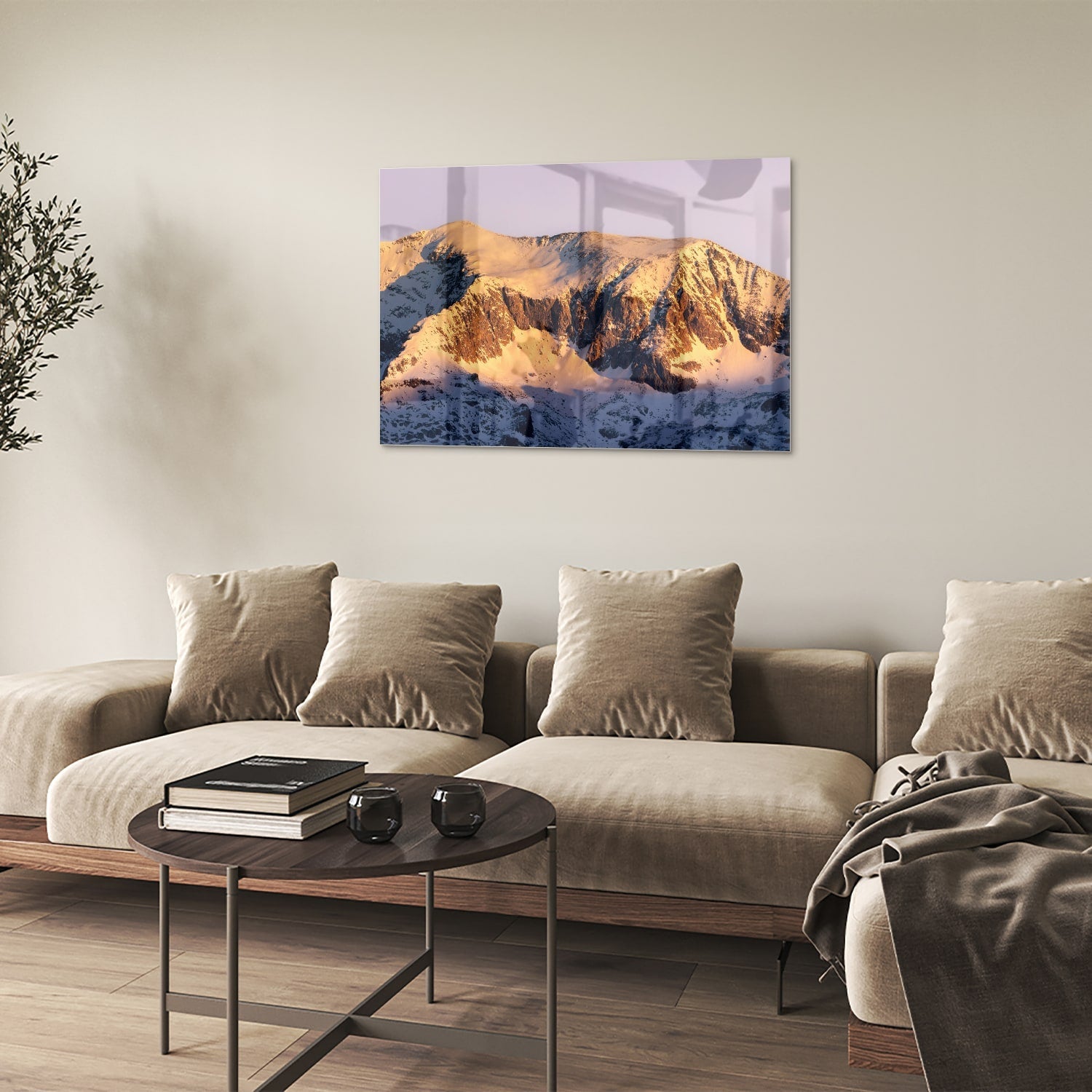Atemberaubendes Glasbild mit Berglandschaft – Glasbild aus Sicherheitsglas, Größe 50x50