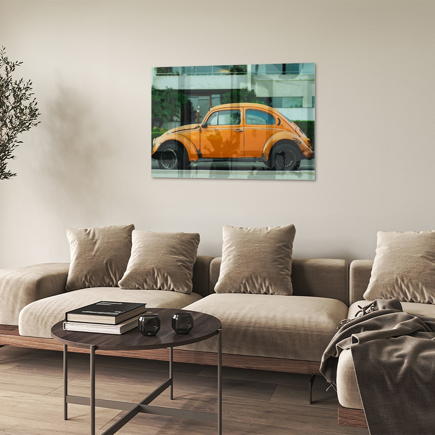 Fröhliches Glasbild mit orangefarbenem Käfer – Glasbild aus Sicherheitsglas, Größe 50x50