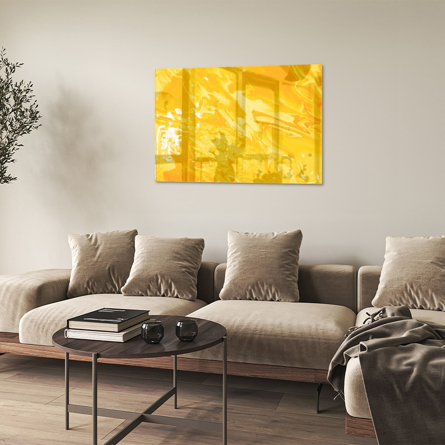 Leuchtend gelbes Glasbild für moderne Innenräume – Glasbild aus Sicherheitsglas, Größe 50x50