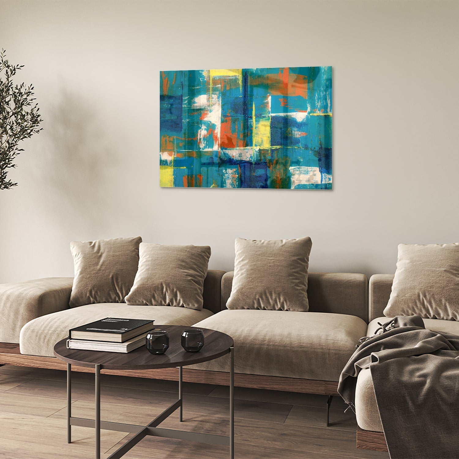 Abstraktes Glasbild in farbenfrohen Farbtönen – Glasbild aus Sicherheitsglas, Größe 50x50
