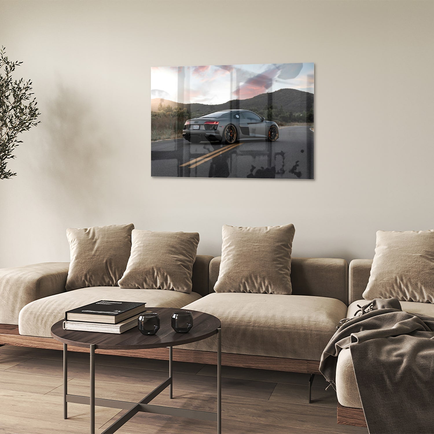 Modernes Glasbild mit einem Sportwagen in der Natur – Glasbild aus Sicherheitsglas, Größe 50x50