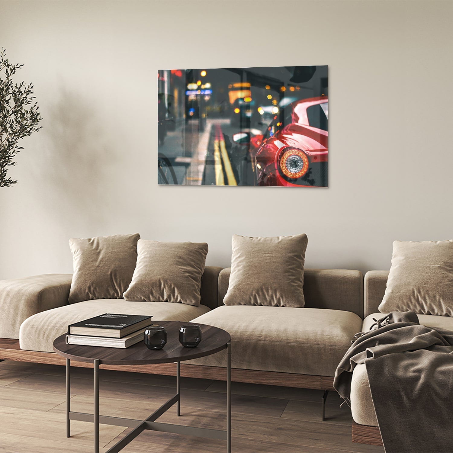Stilvolles Glasbild mit einem roten Auto in der Stadt – Glasbild aus Sicherheitsglas, Größe 50x50