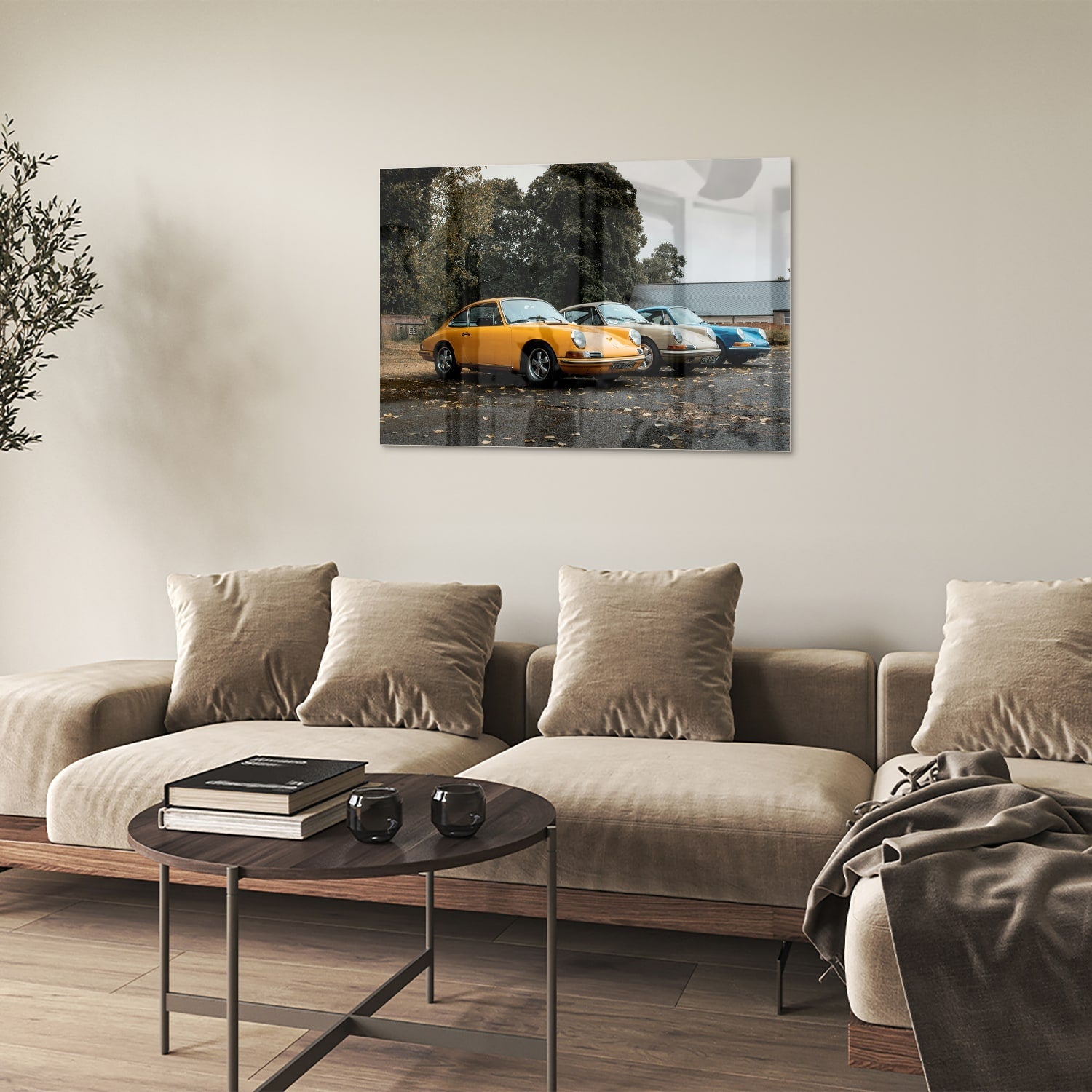 Fröhliches Glasbild mit gelbem Auto – Glasbild aus Sicherheitsglas, Größe 50x50