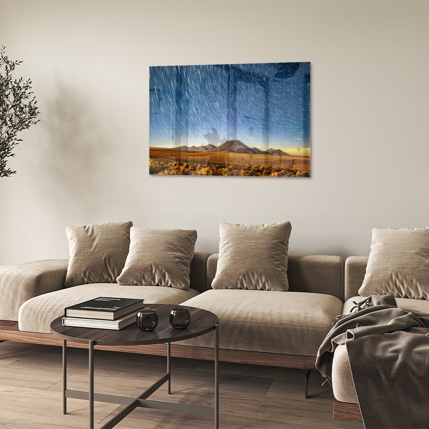 Glasbild mit Sternenhimmel über den Bergen – Glasbild aus Sicherheitsglas, Größe 50x50