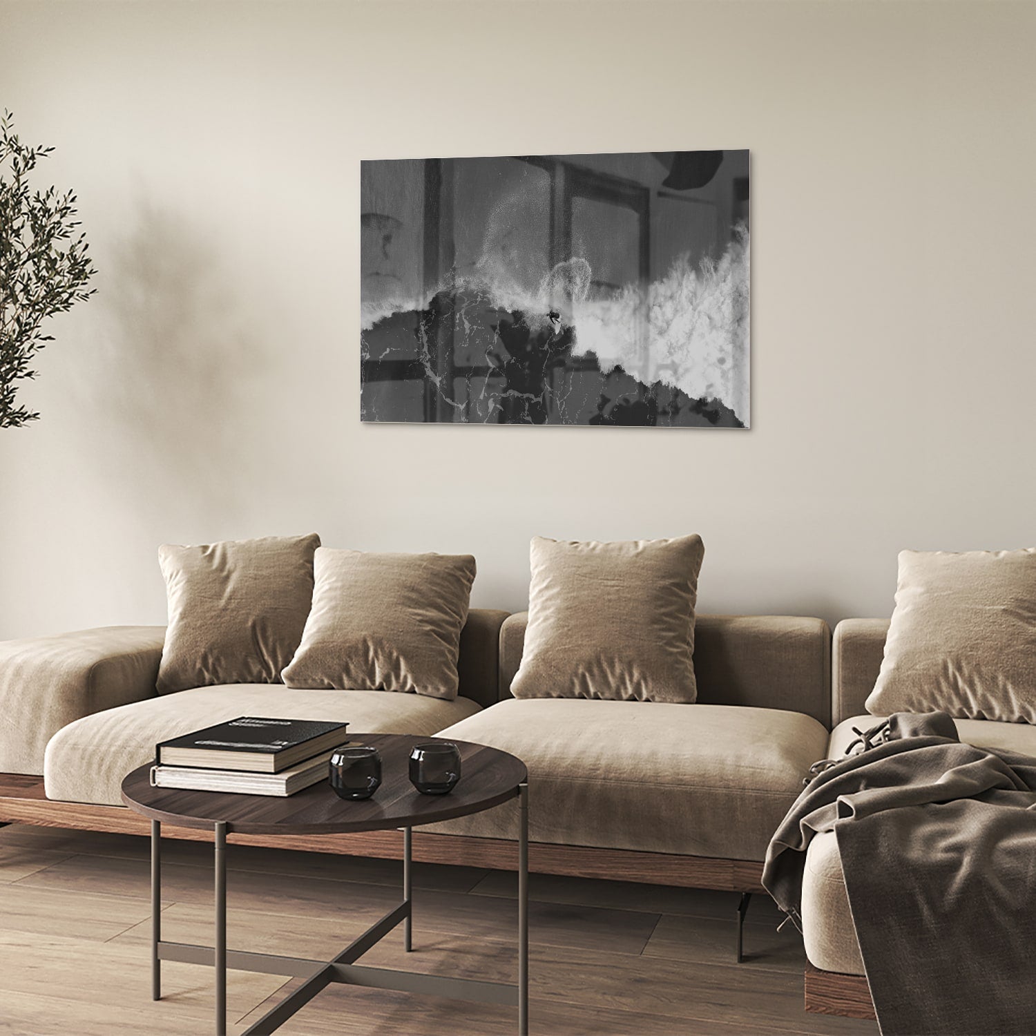 Abstraktes Schwarz-Weiß-Glasbild für ein modernes Interieur – Glasbild aus Sicherheitsglas, Größe 50x50