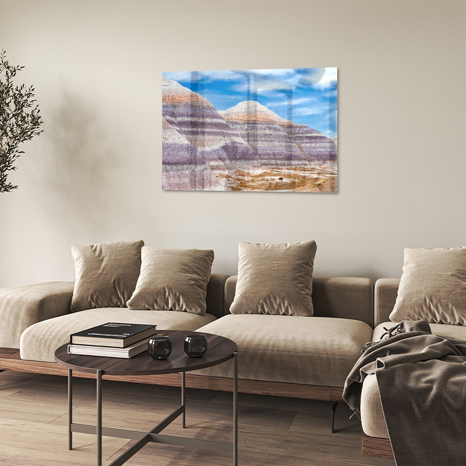 Wunderschönes Glasbild mit Bergen und Himmel – Glasbild aus Sicherheitsglas, Größe 50x50