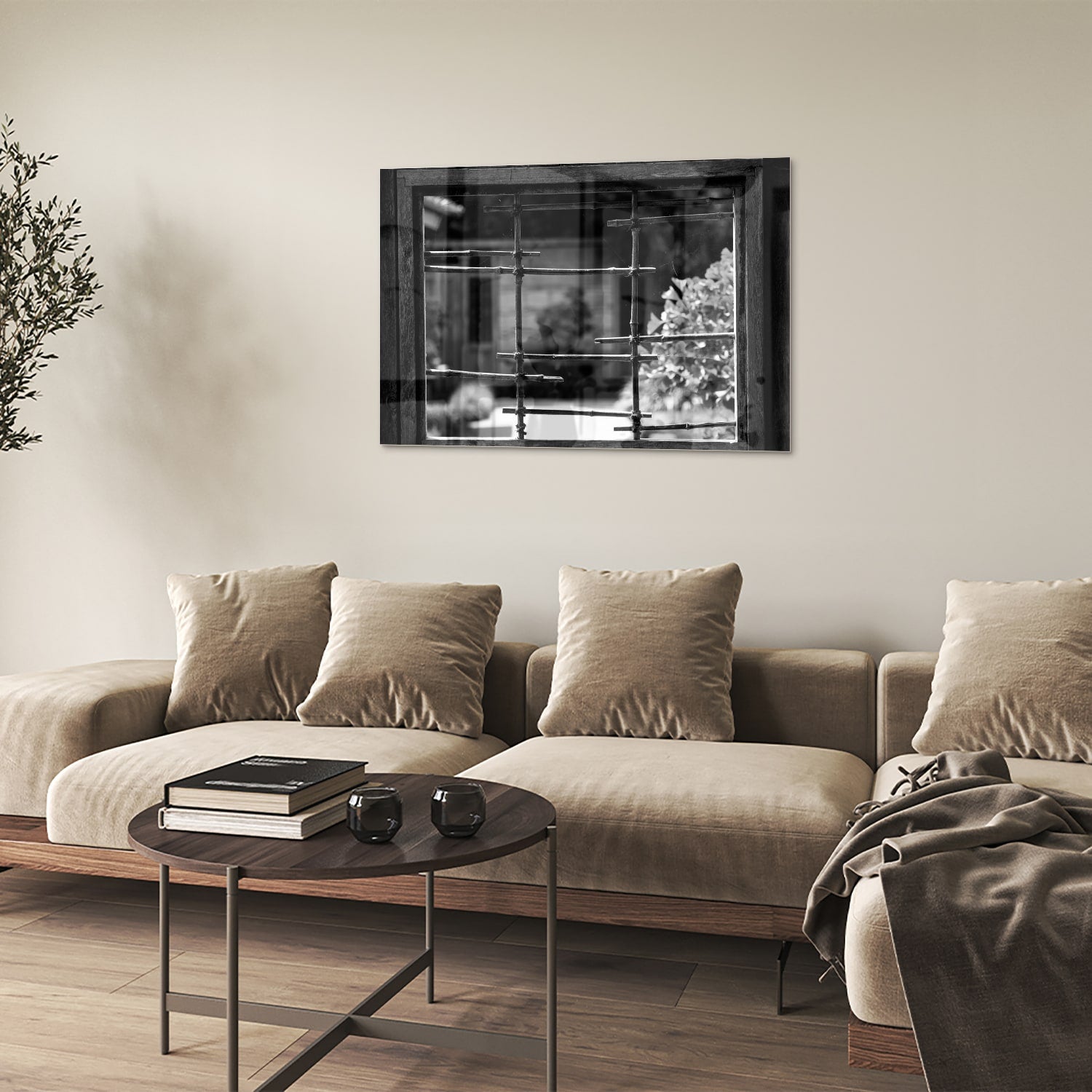 Modernes Glasbild mit Fensterblick – Glasbild aus Sicherheitsglas, Größe 50x50