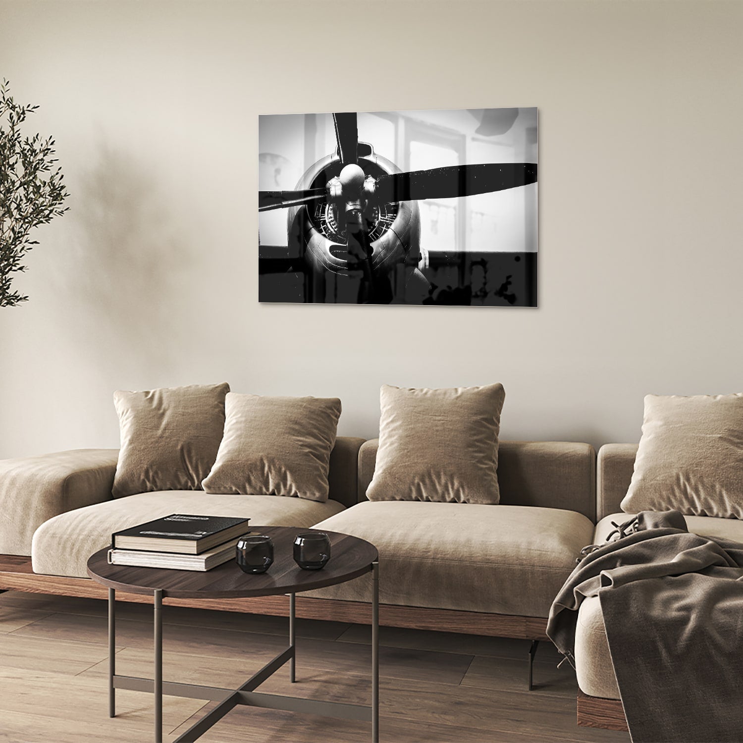 Schwarz-Weiß-Glasbild mit Vintage-Flugzeugpropeller – Glasbild aus Sicherheitsglas, Größe 50x50