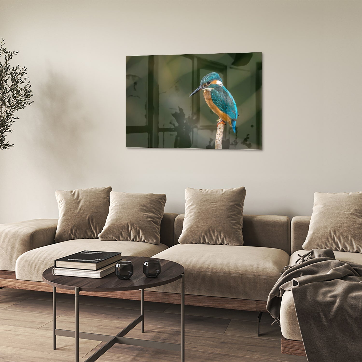 Elegantes Glasbild mit einem Eisvogel – Glasbild aus Sicherheitsglas, Größe 50x50