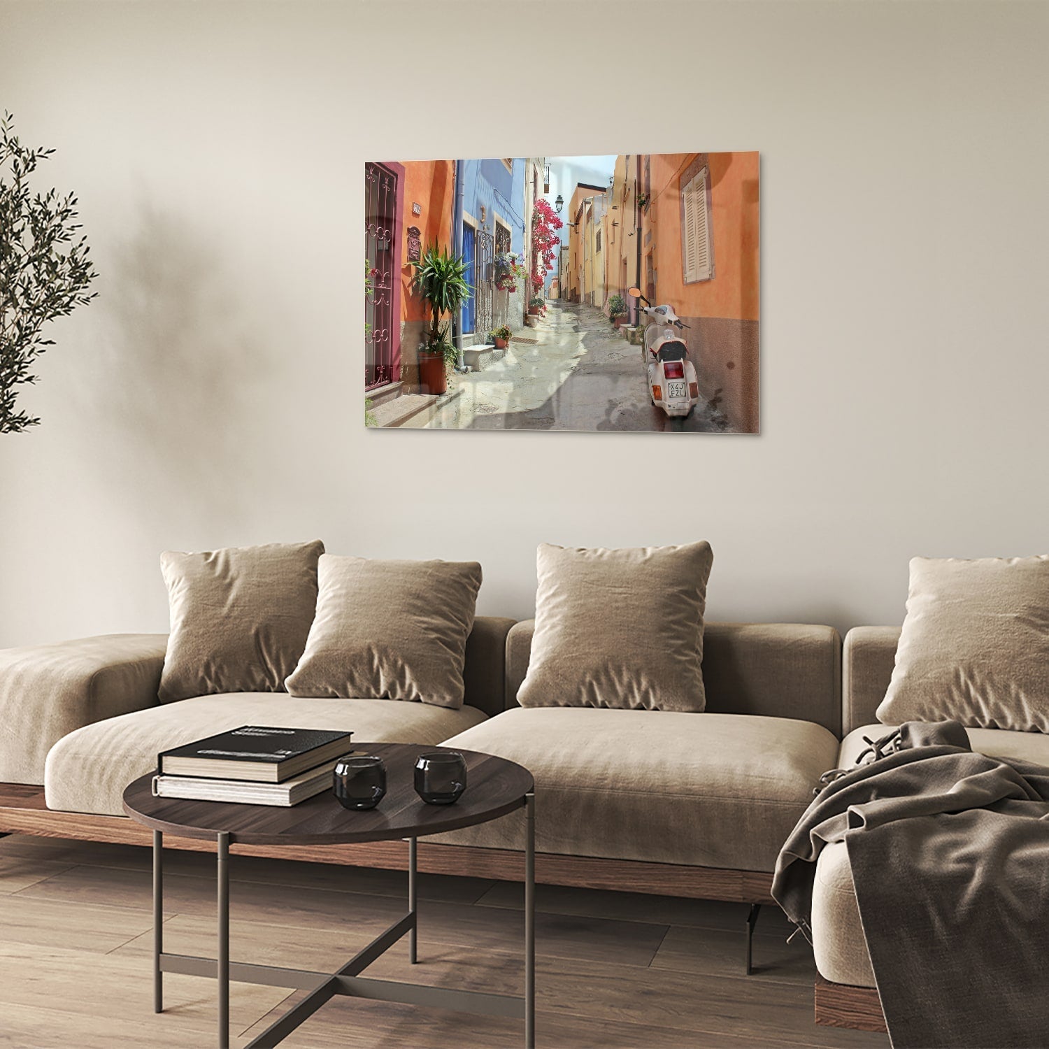 Buntes Glasbild mit Vespa auf einer Straße – Glasbild aus Sicherheitsglas, Größe 50x50