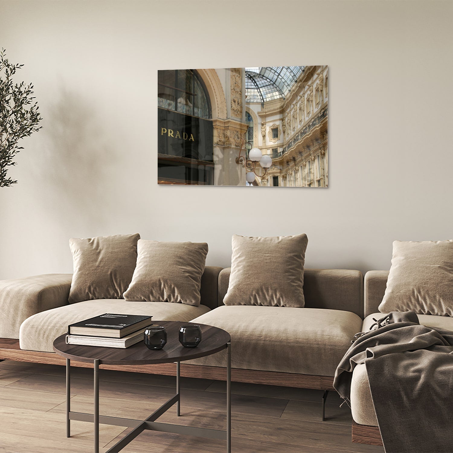 Elegantes Glasbild mit Luxus-Boutique – Glasbild aus Sicherheitsglas, Größe 50x50