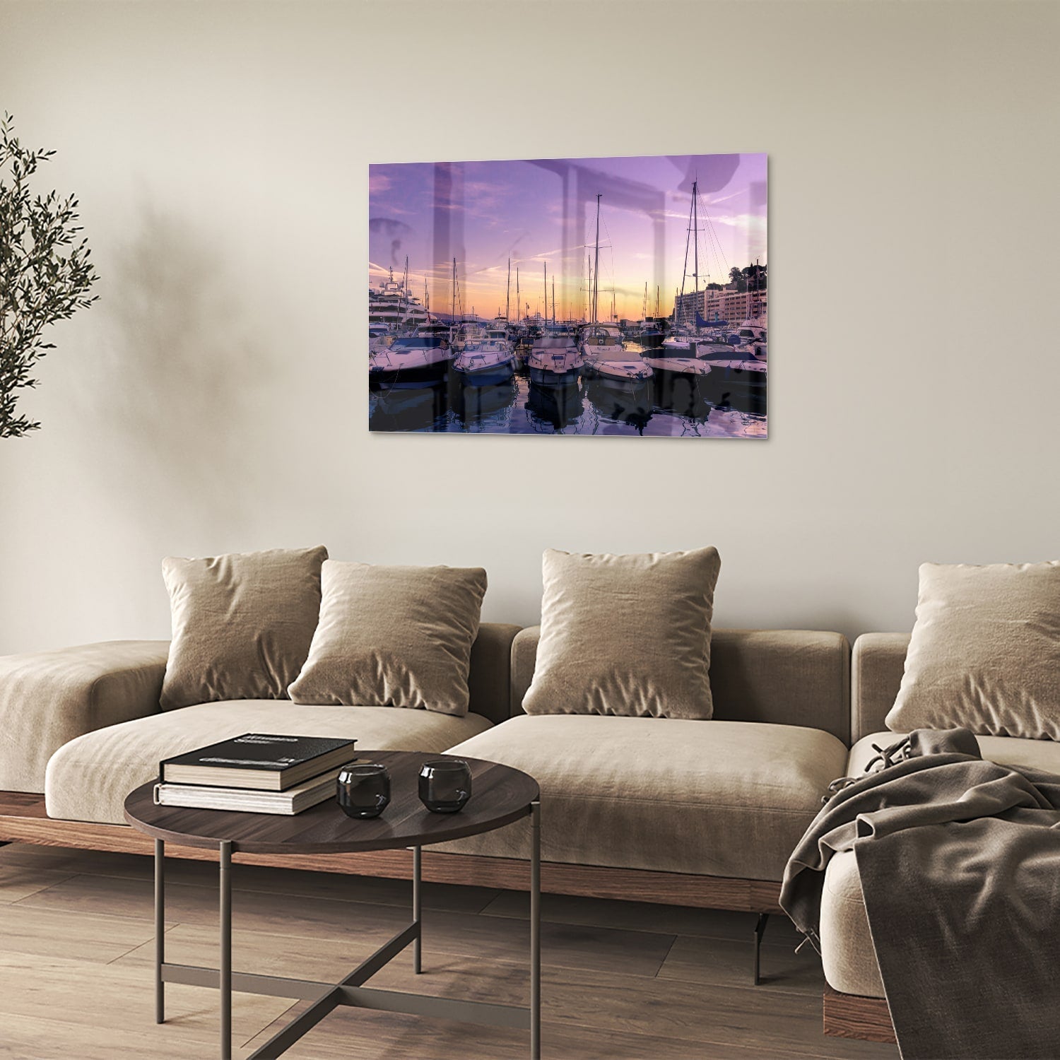 Glasbild mit Sonnenuntergang am Hafen – Glasbild aus Sicherheitsglas, Größe 50x50