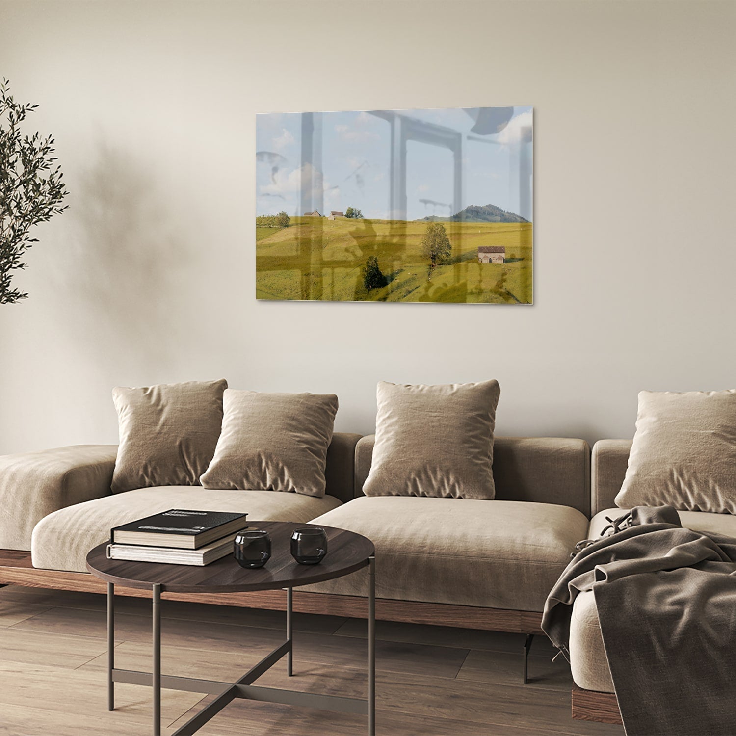 Glasbild mit grünen Hügeln in der Landschaft – Glasbild aus Sicherheitsglas, Größe 50x50