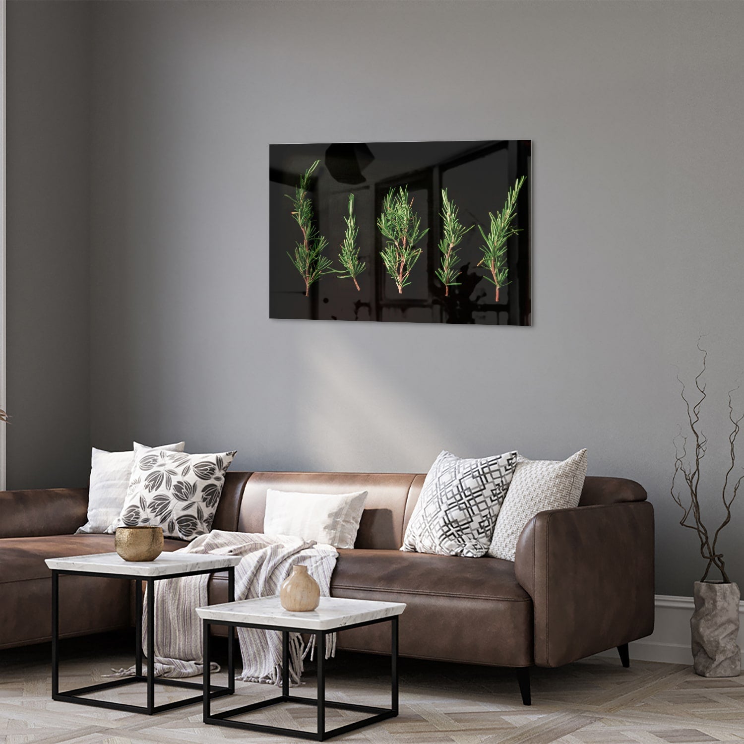 Modernes Glasbild mit grünen Ästen – Glasbild aus Sicherheitsglas, Größe 50x50_rond