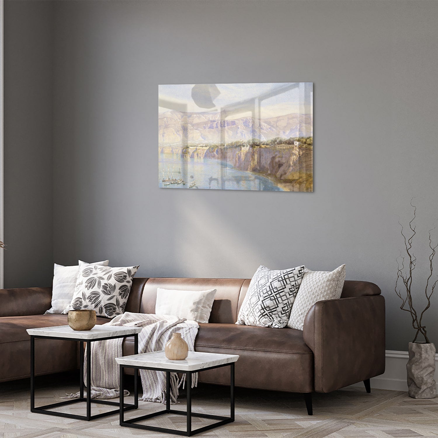 Träumerisches Glasbild mit Berglandschaft – Glasbild aus Sicherheitsglas, Größe 50x50_rond