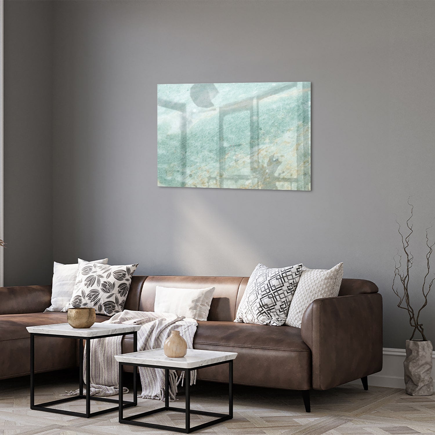 Abstraktes Glasbild in raffinierten Grüntönen – Glasbild aus Sicherheitsglas, Größe 50x50_rond