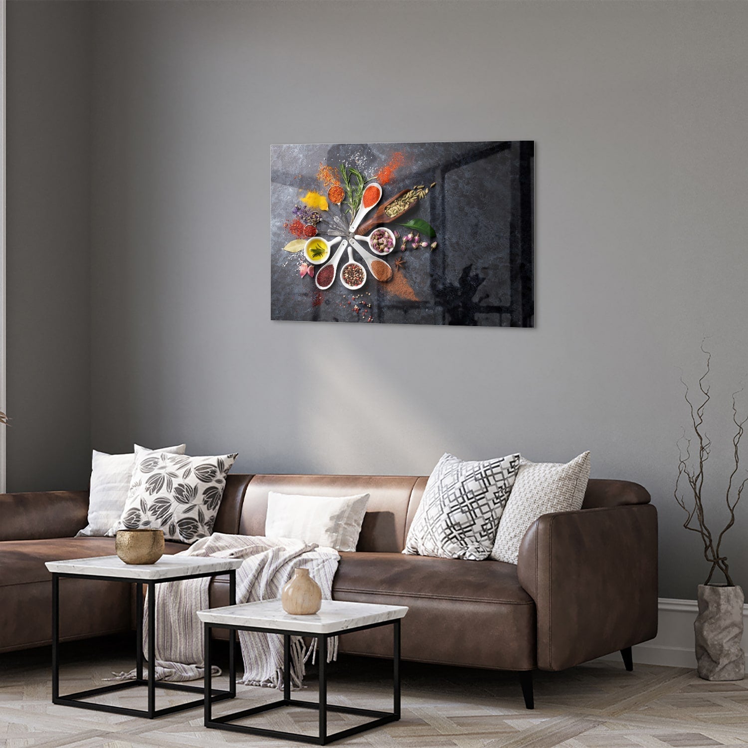 Glasbild mit farbenfrohen Gewürzen – Glasbild aus Sicherheitsglas, Größe 50x50_rond