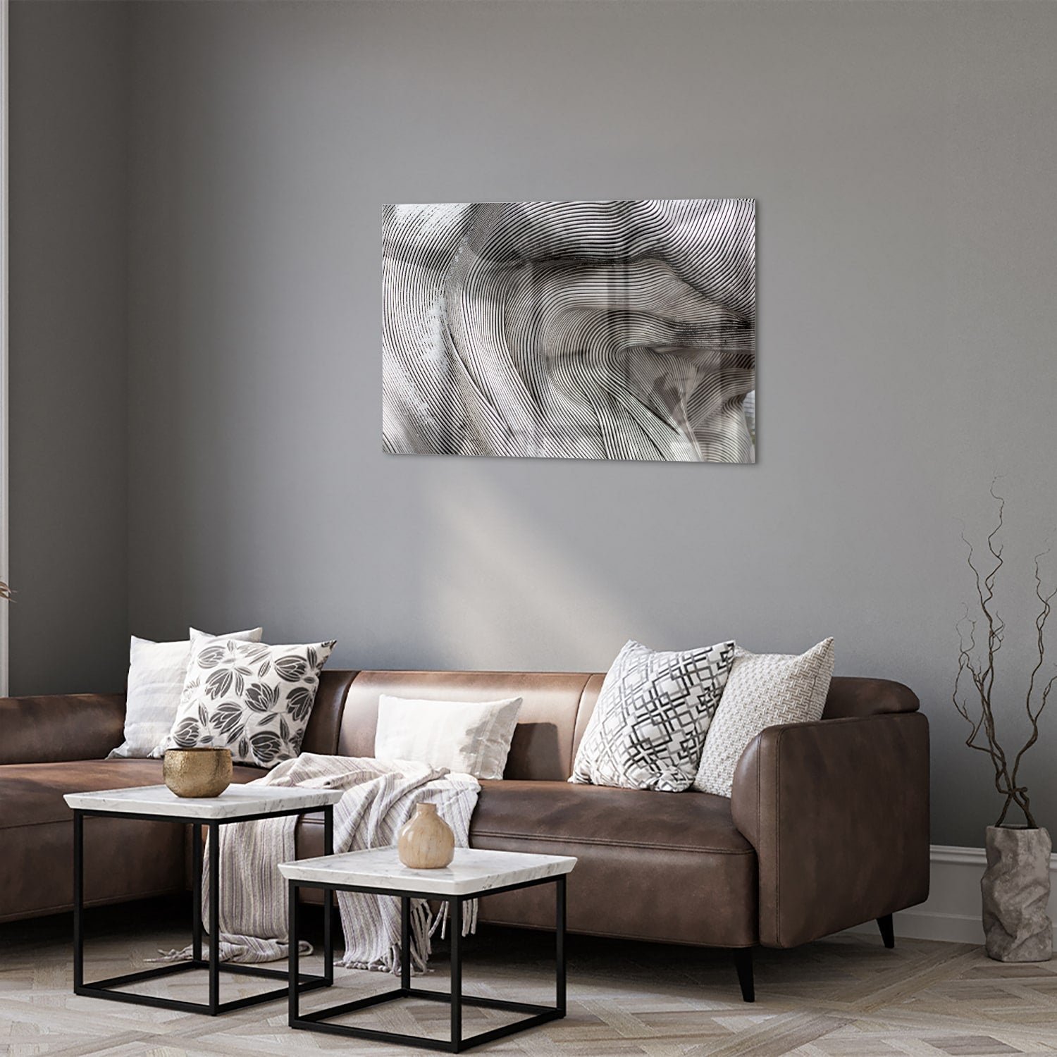 Abstraktes Glasbild mit wellenförmigen Linien – Glasbild aus Sicherheitsglas, Größe 50x50_rond