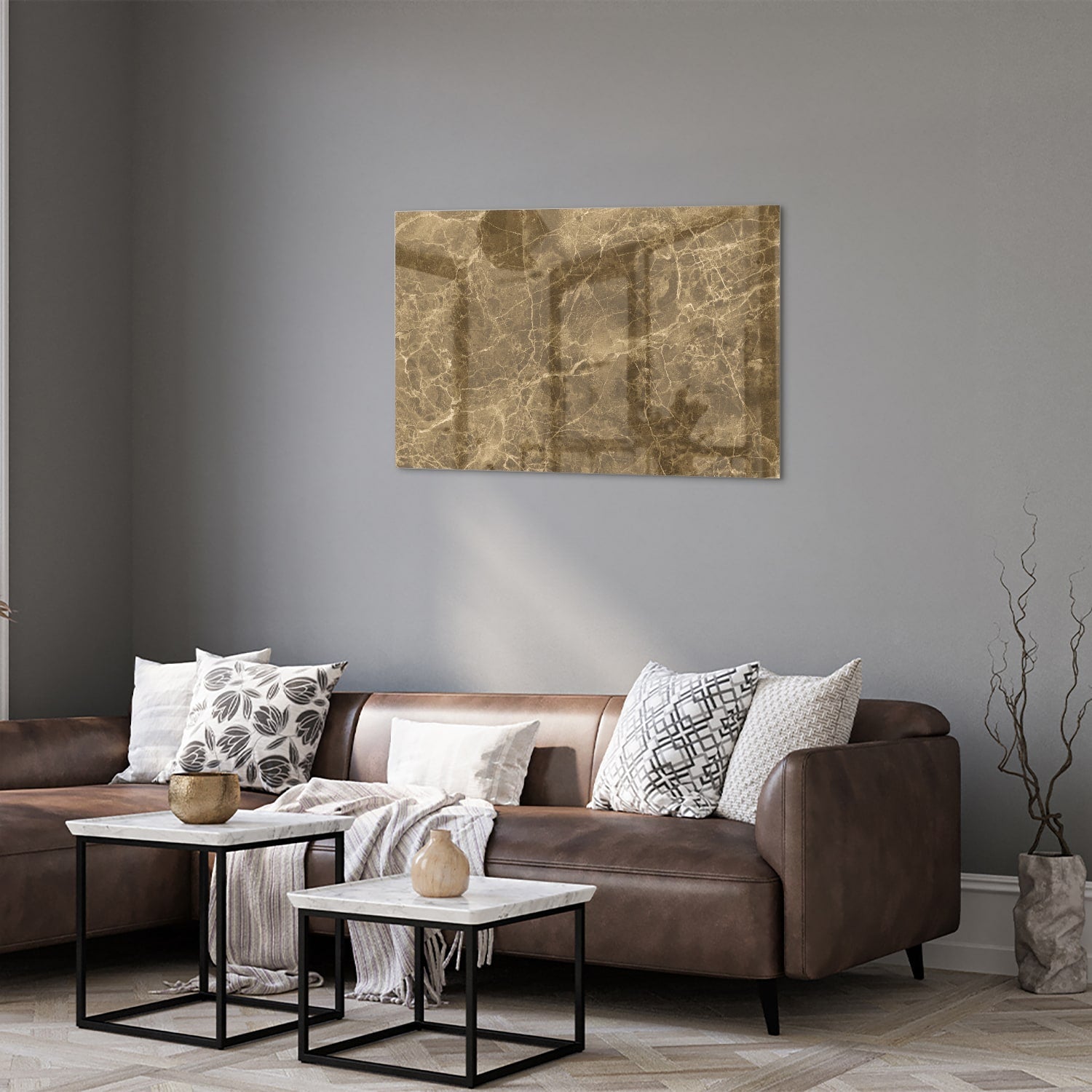 Goldfarbenes Glasbild mit Marmoreffekt – Glasbild aus Sicherheitsglas, Größe 50x50_rond