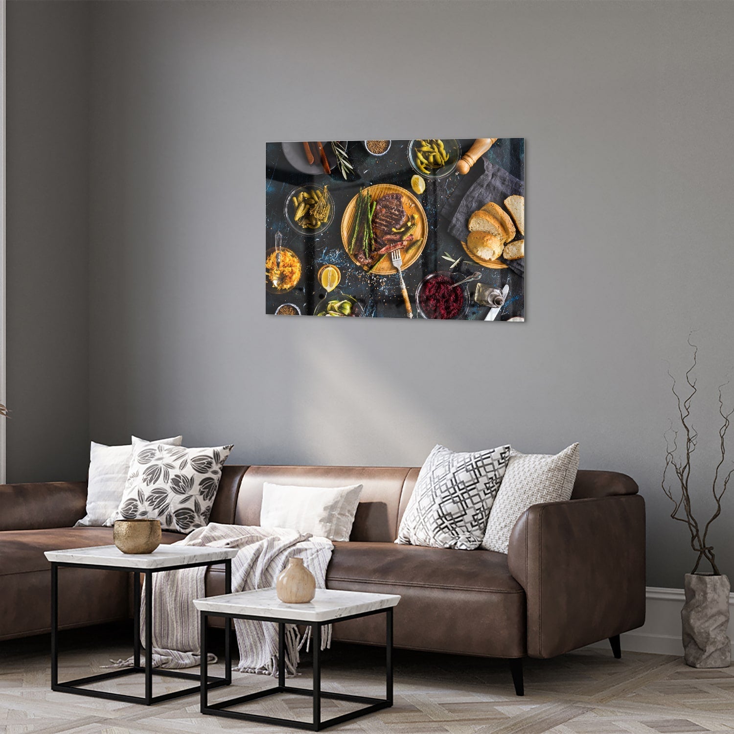 Kulinarisches Glasbild mit verführerischen Speisen – Glasbild aus Sicherheitsglas, Größe 50x50_rond