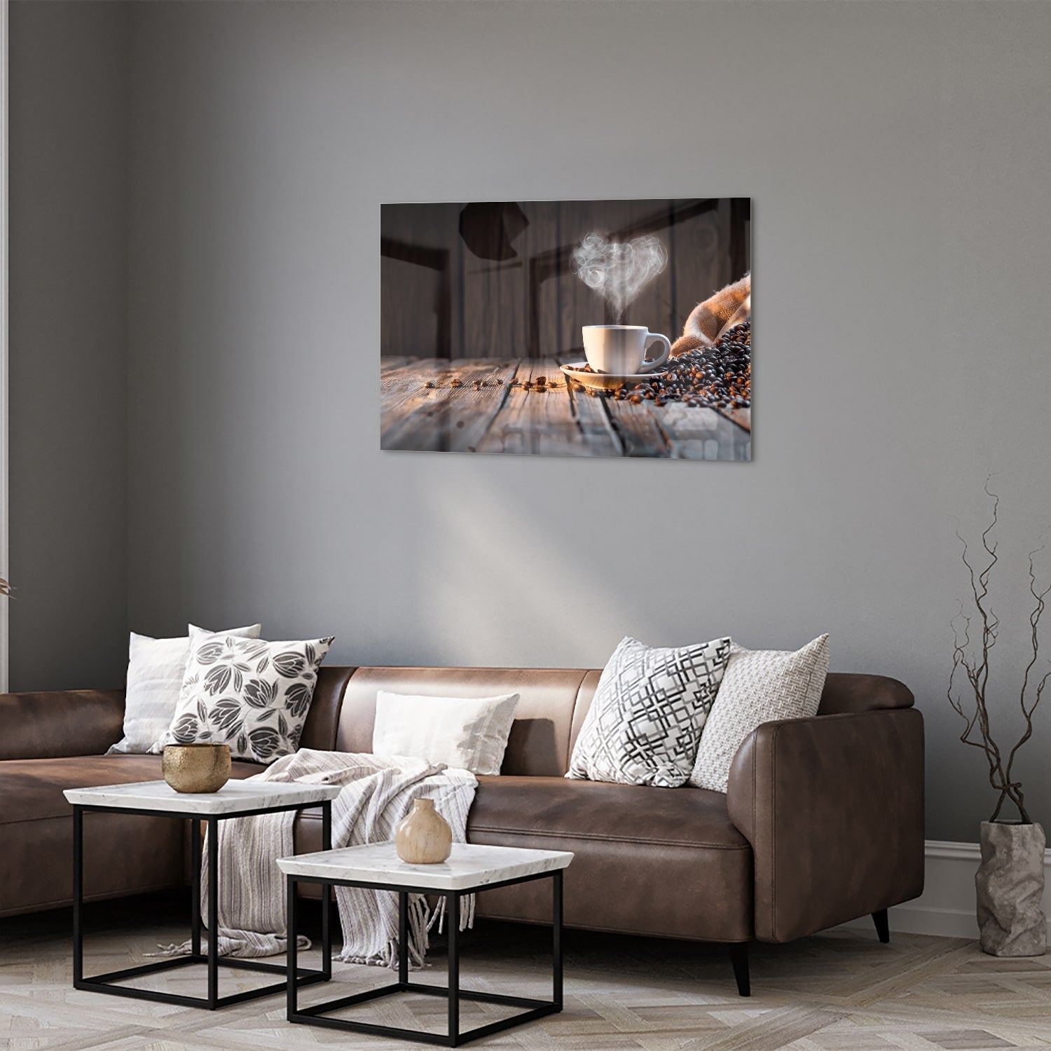 Stilvolles Glasbild mit Kaffee und Kaffeebohnen – Glasbild aus Sicherheitsglas, Größe 50x50_rond