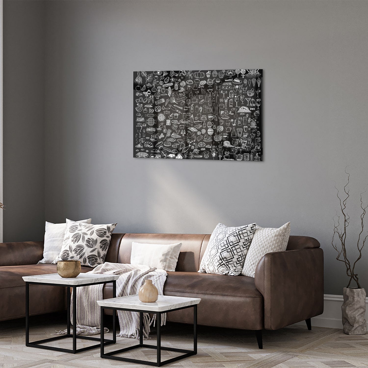Abstraktes Schwarz-Weiß-Glasbild mit fröhlichen Illustrationen – Glasbild aus Sicherheitsglas, Größe 50x50_rond