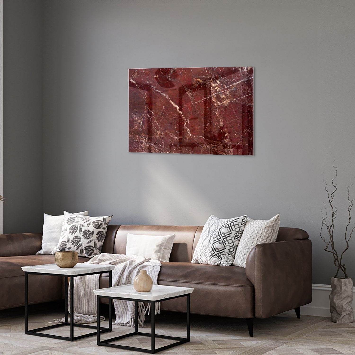 Rotes Glasbild mit Marmoroptik – Glasbild aus Sicherheitsglas, Größe 50x50_rond