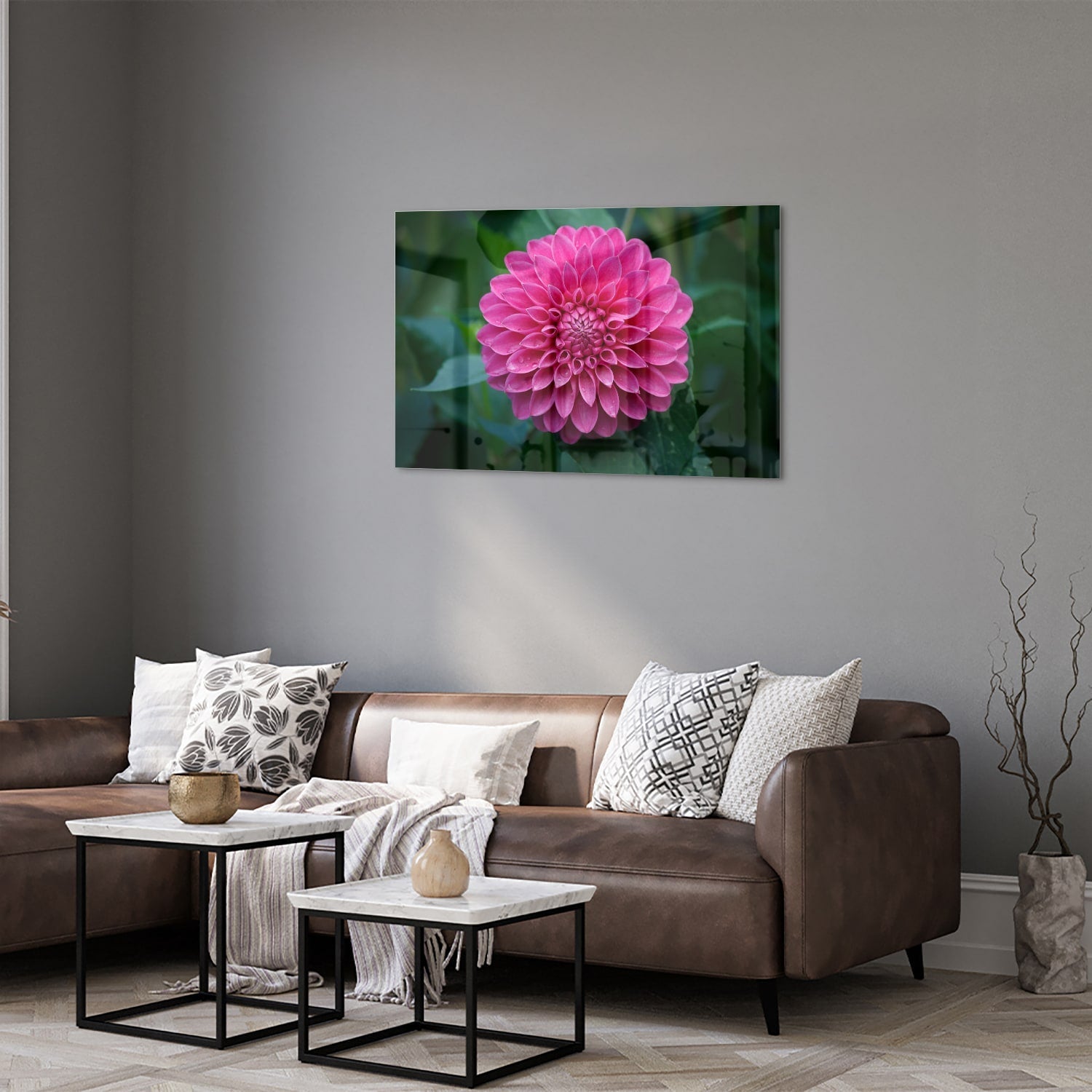 Wunderschönes Glasbild mit rosa Blume – Glasbild aus Sicherheitsglas, Größe 50x50_rond