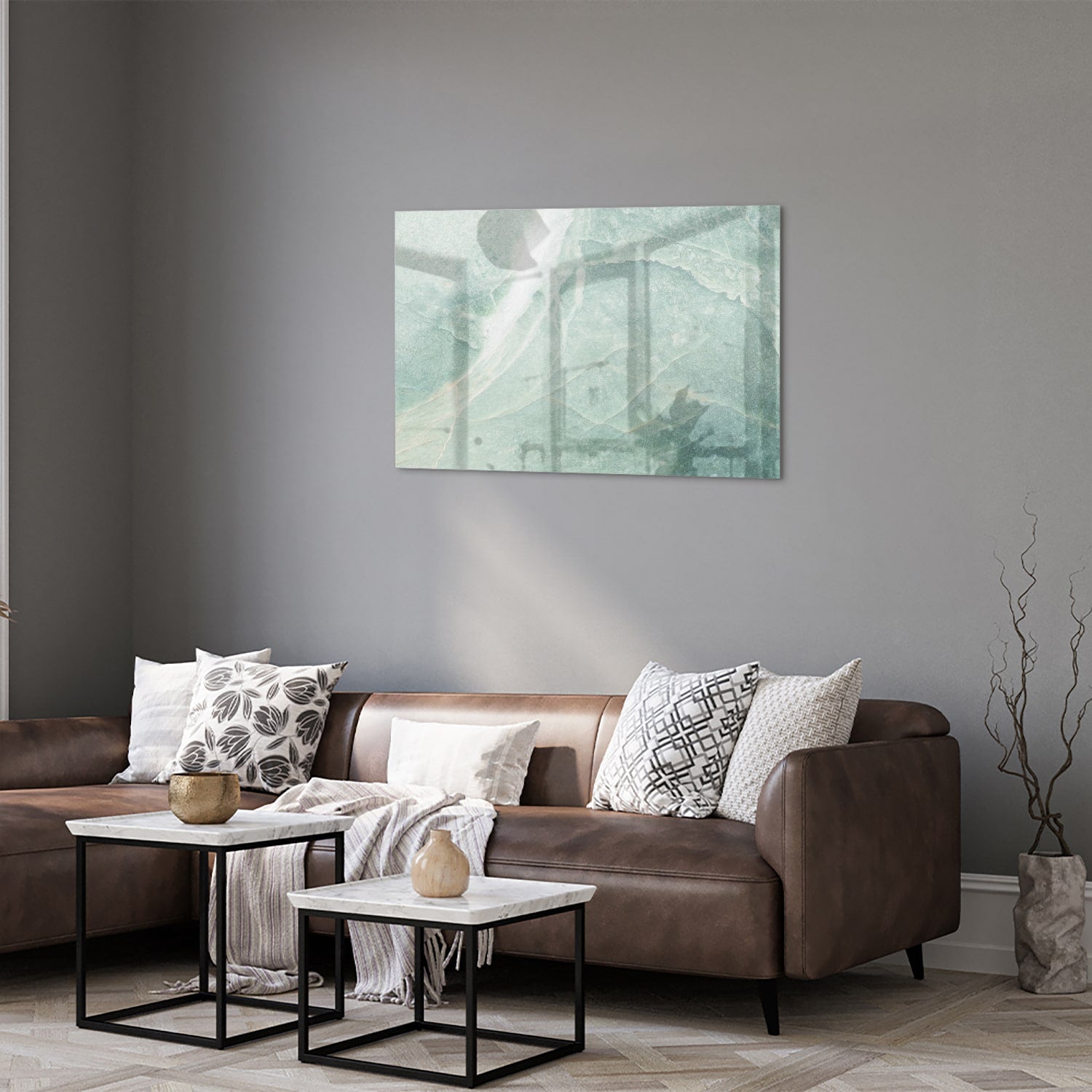 Abstraktes grünes Glasbild für moderne Innenräume – Glasbild aus Sicherheitsglas, Größe 50x50_rond