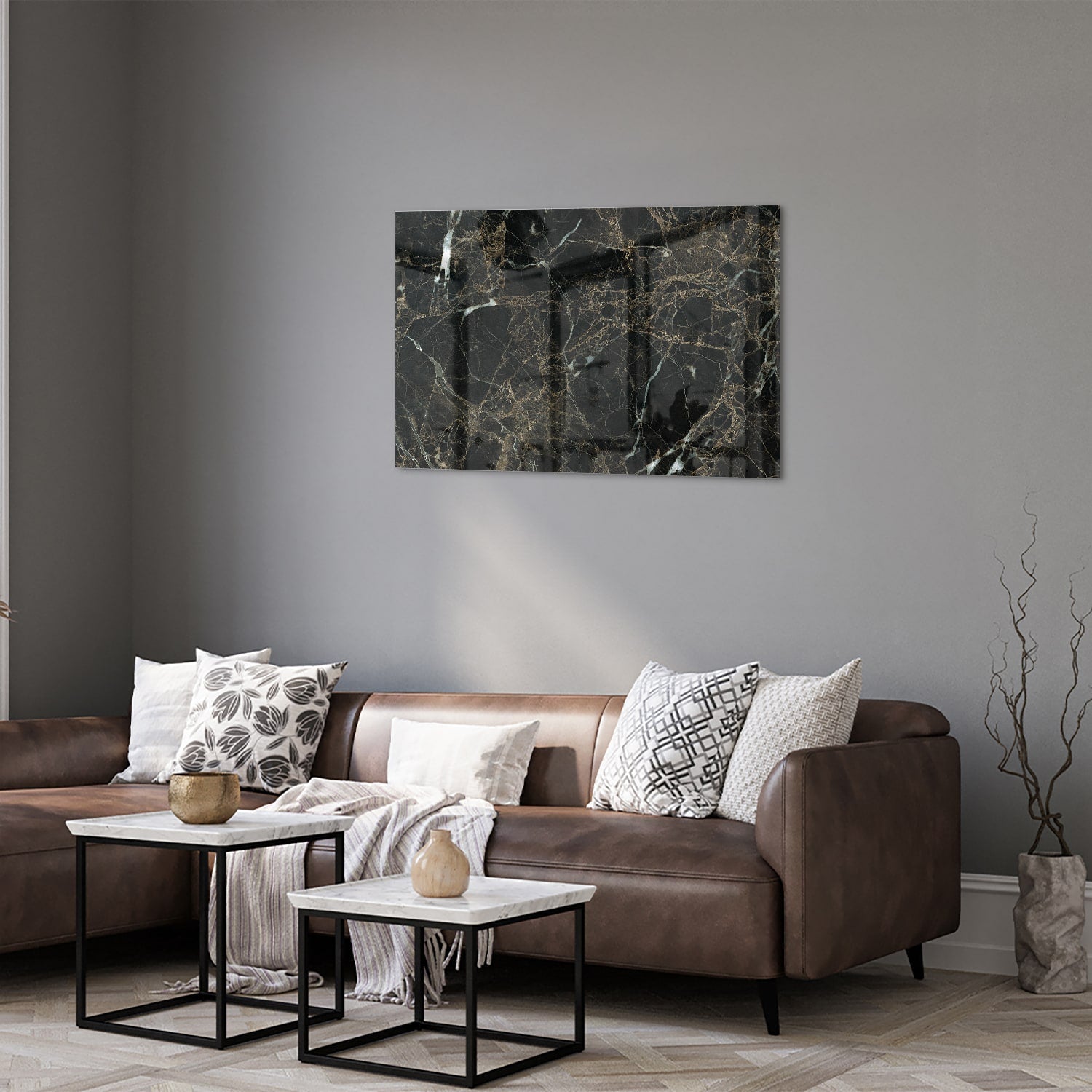 Elegantes schwarzes Marmor-Glasbild für luxuriöses Interieur – Glasbild aus Sicherheitsglas, Größe 50x50_rond