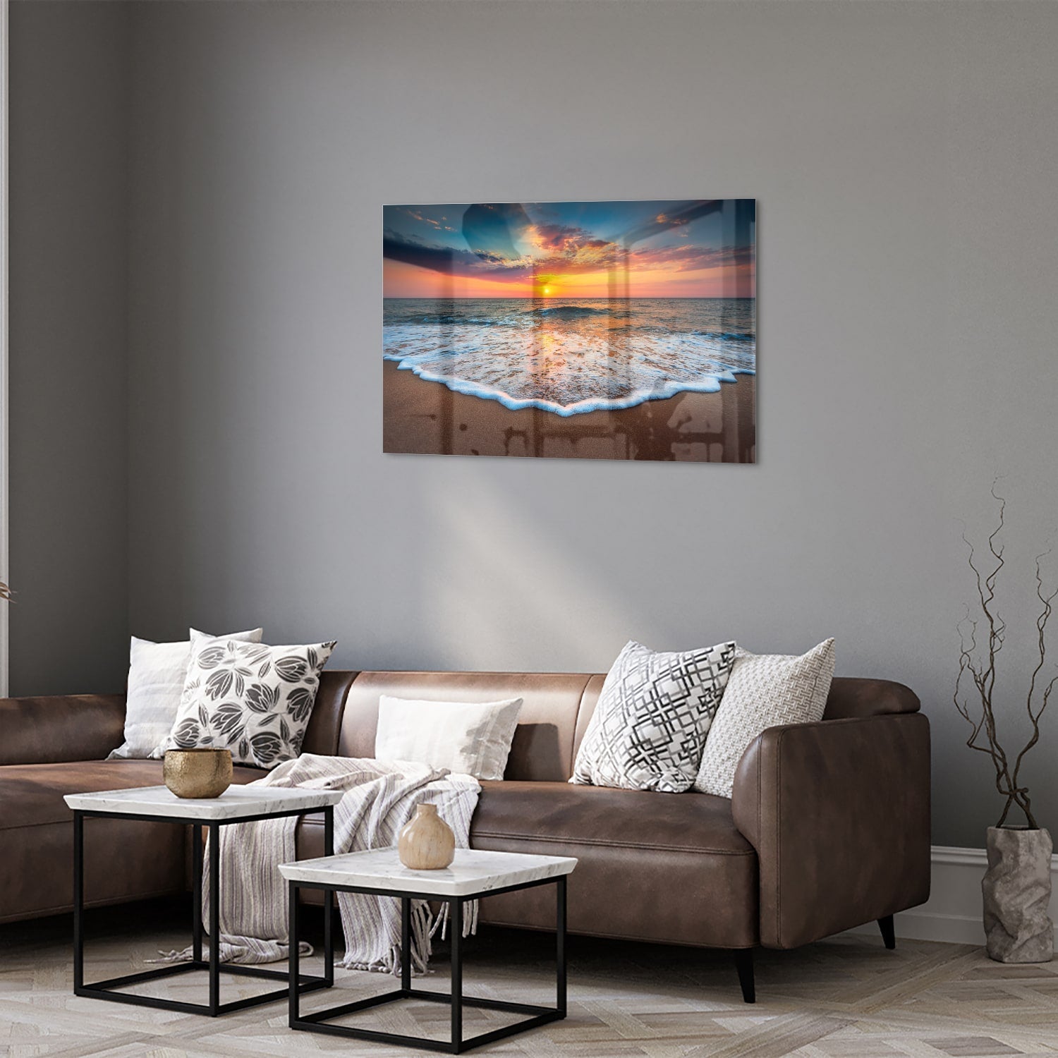 Glasbild – Sonnenuntergang am Strand – Glasbild aus Sicherheitsglas, Größe 50x50_rond
