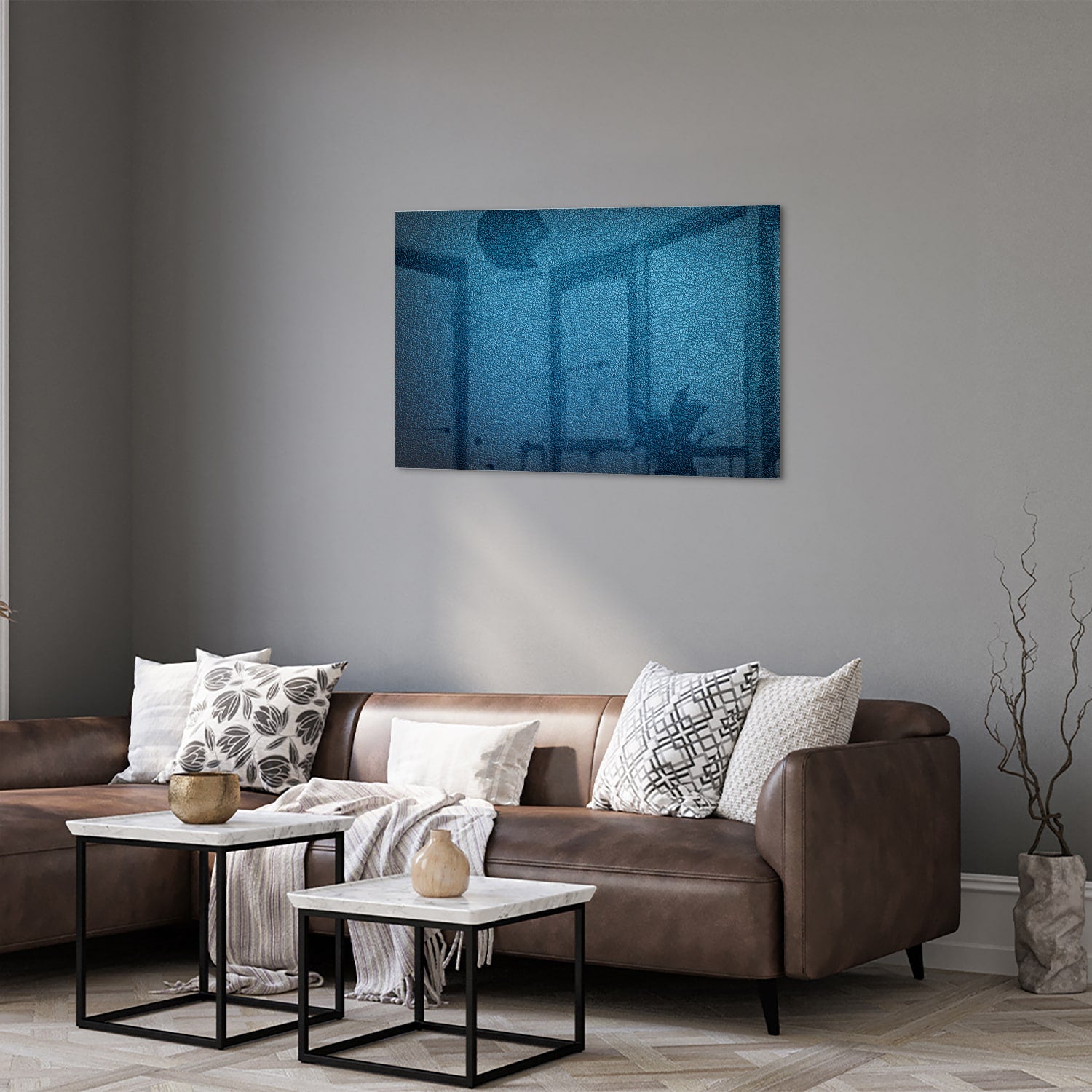 Blaues Glasbild mit Reflexionseffekt – Glasbild aus Sicherheitsglas, Größe 50x50_rond
