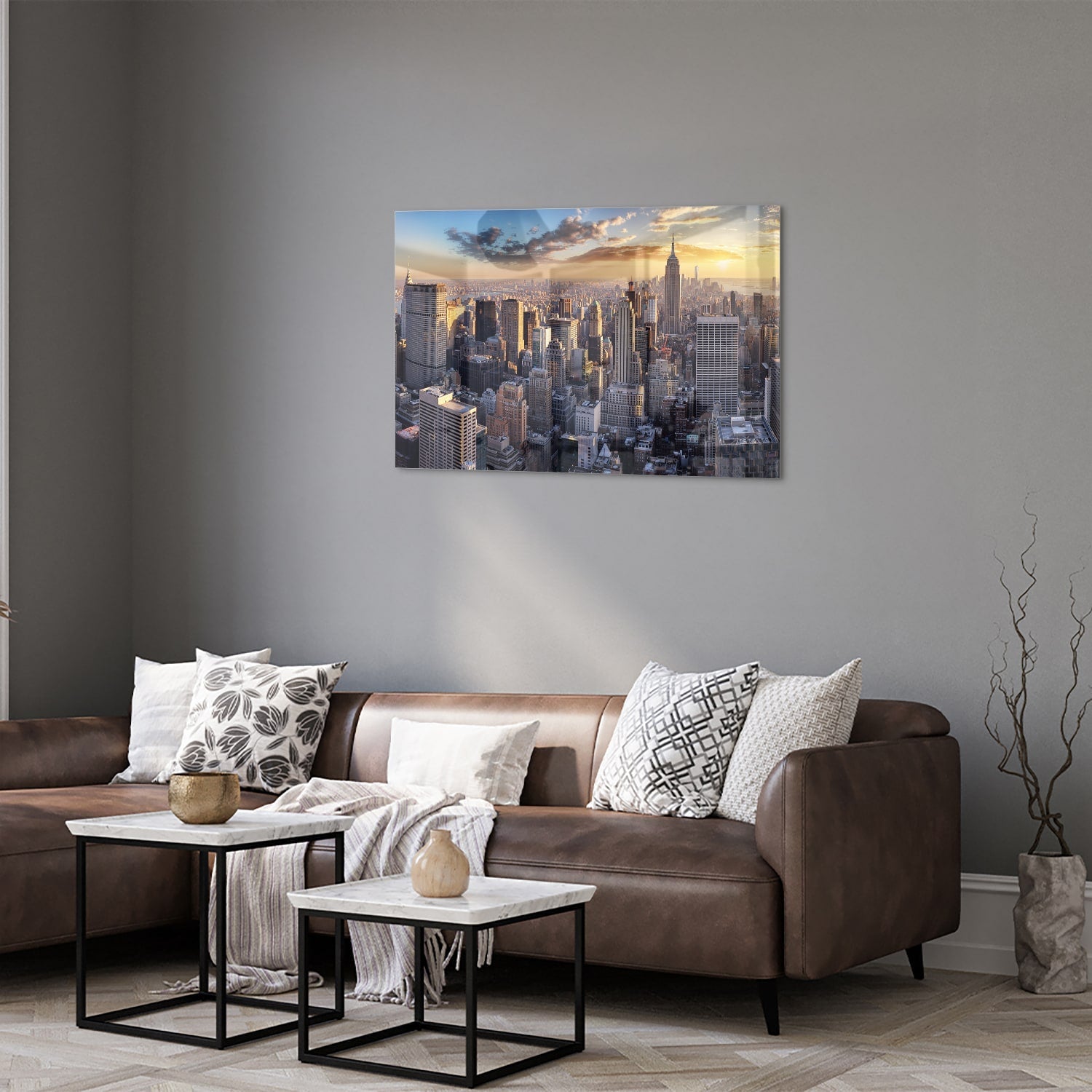 Glasbild mit atemberaubender Aussicht auf New York bei Sonnenuntergang – Glasbild aus Sicherheitsglas, Größe 50x50_rond