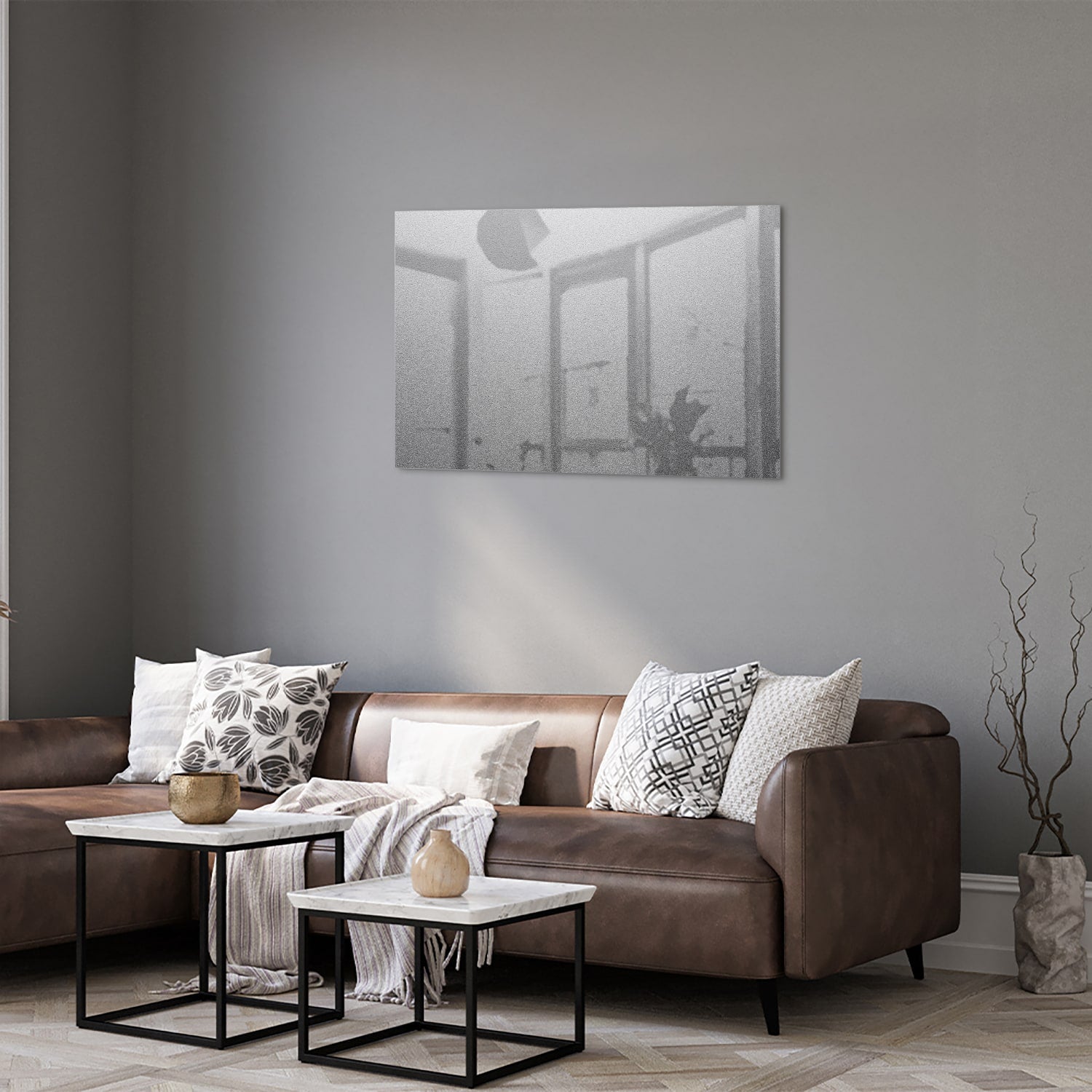 Minimalistisches Glasbild mit dezenten Reflexionen – Glasbild aus Sicherheitsglas, Größe 50x50_rond