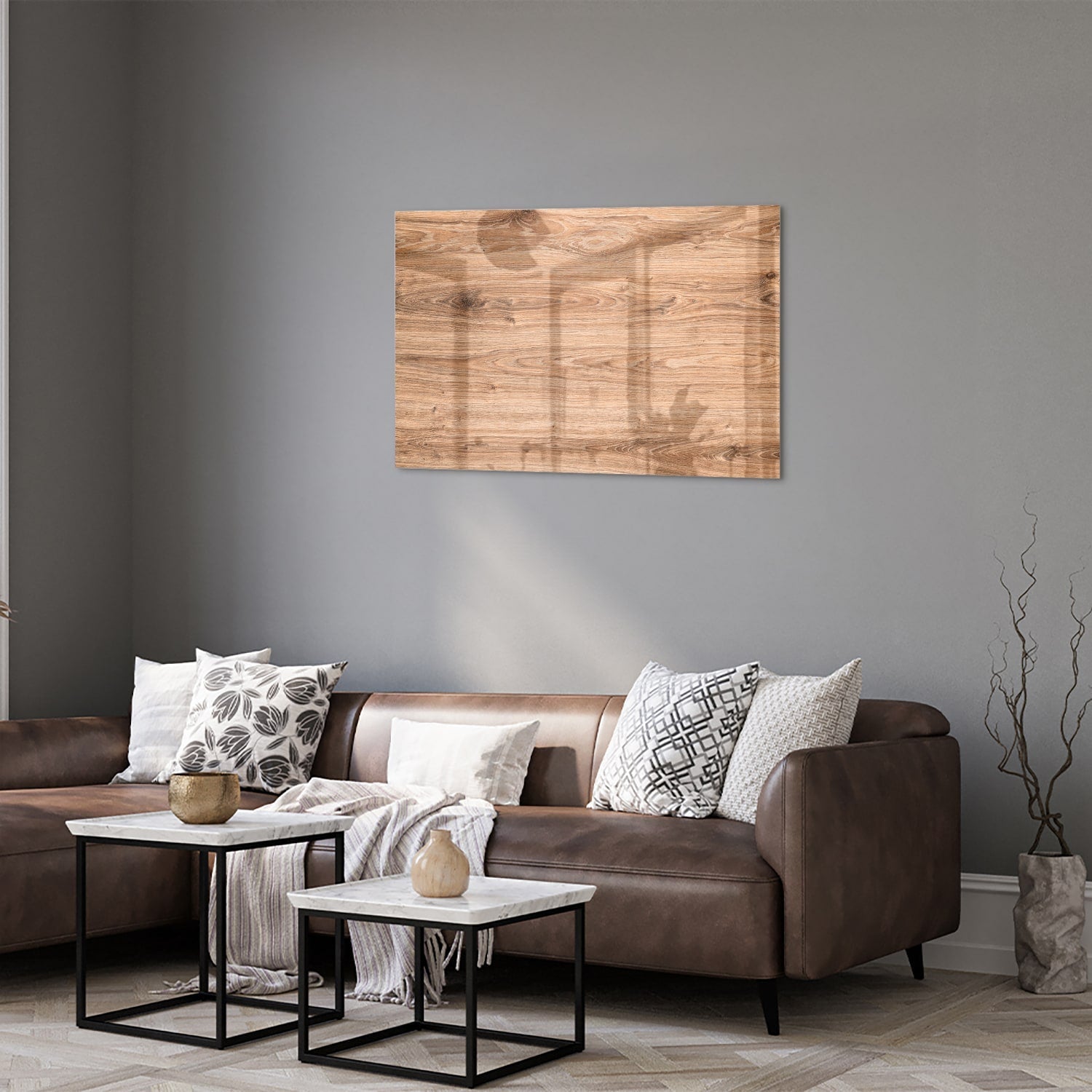 Rustikales Glasbild mit Holzoptik – Glasbild aus Sicherheitsglas, Größe 50x50_rond